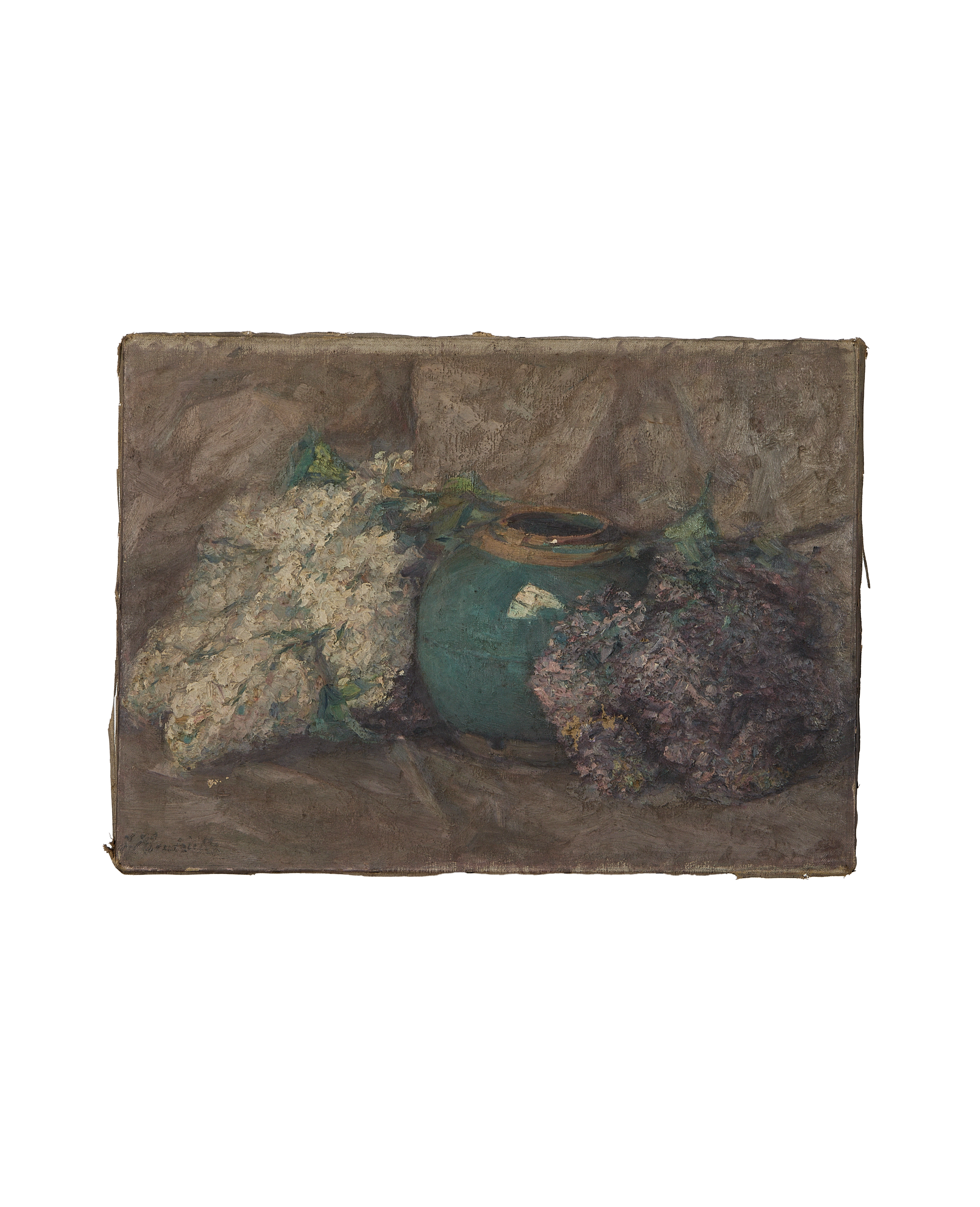 Vintage still life painting: green vase between white and purple lilacs.