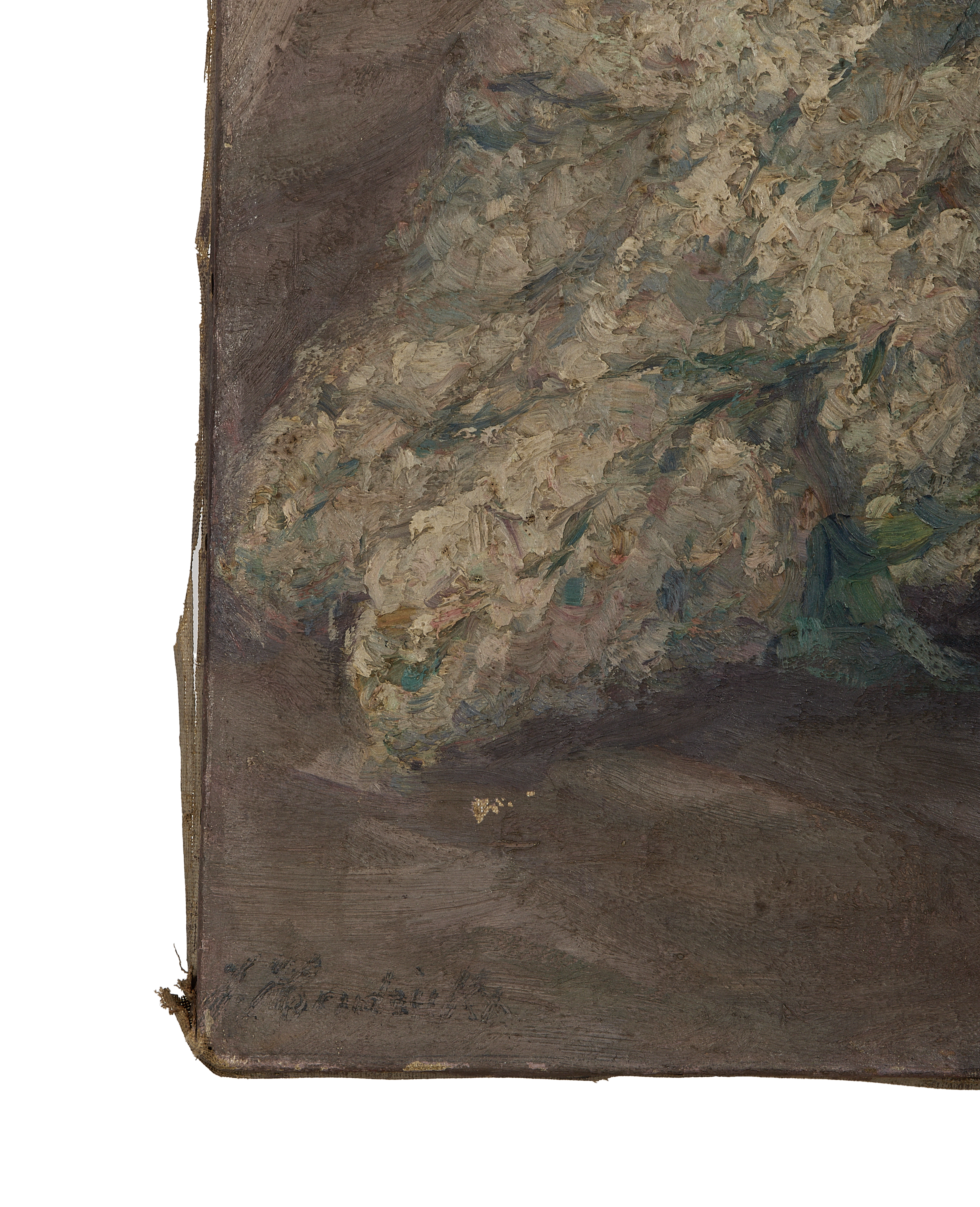 Vintage French oak still life painting, close-up showing signature on lower left corner.