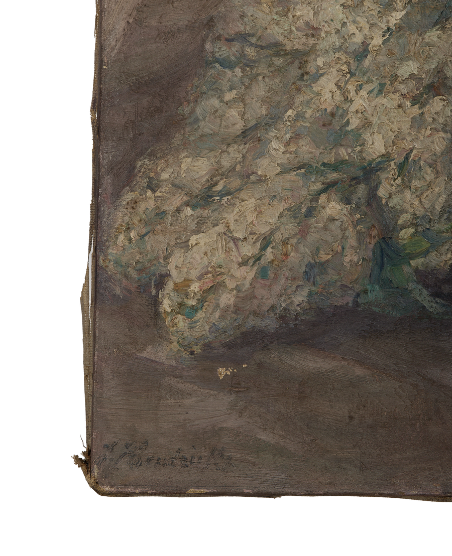 Vintage French oak still life painting, close-up showing signature on lower left corner.