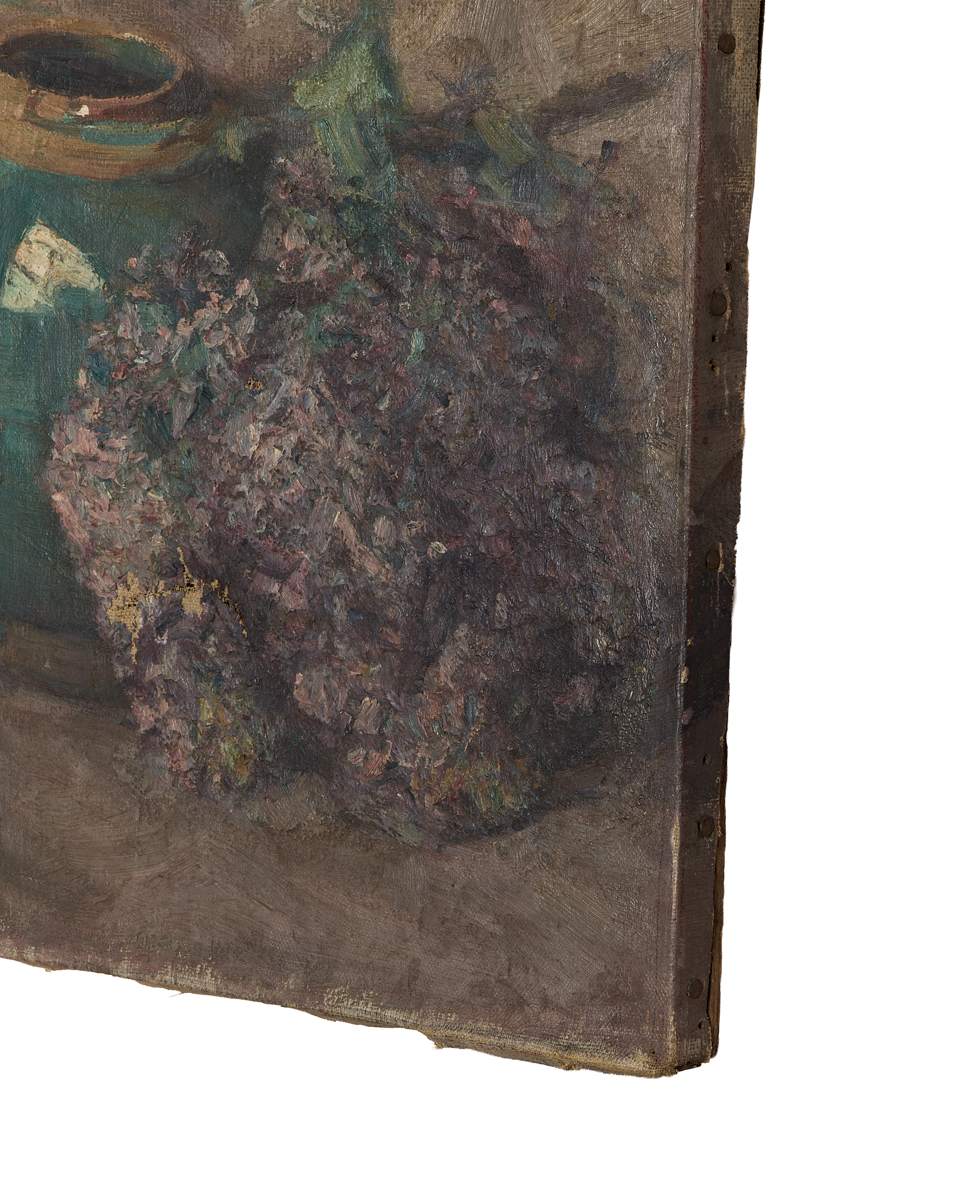 Vintage French still life painting, extreme closeup of detailed brushstrokes, canvas edge, and minor age-related wear.