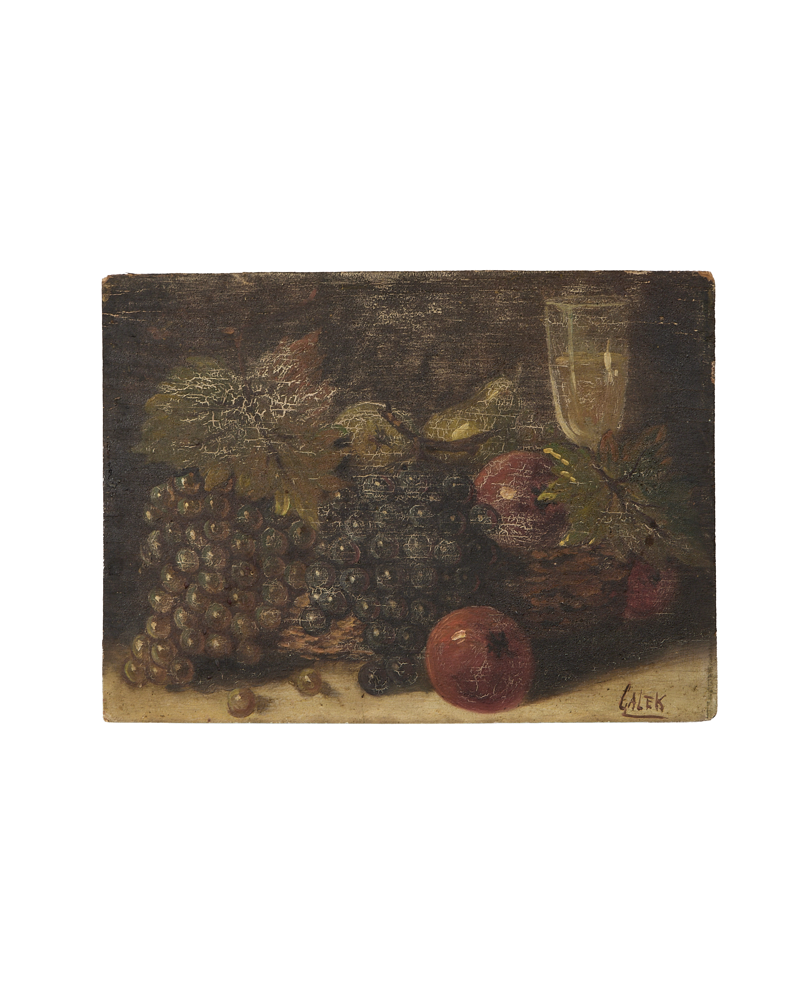 Vintage French still life oil painting on oak board, depicting grapes, apples, and wine glass.