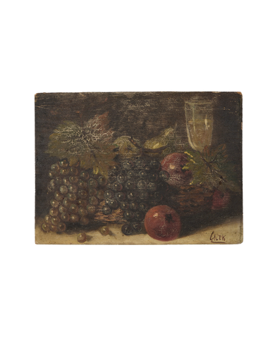 Vintage French still life oil painting on oak board, depicting grapes, apples, and wine glass.