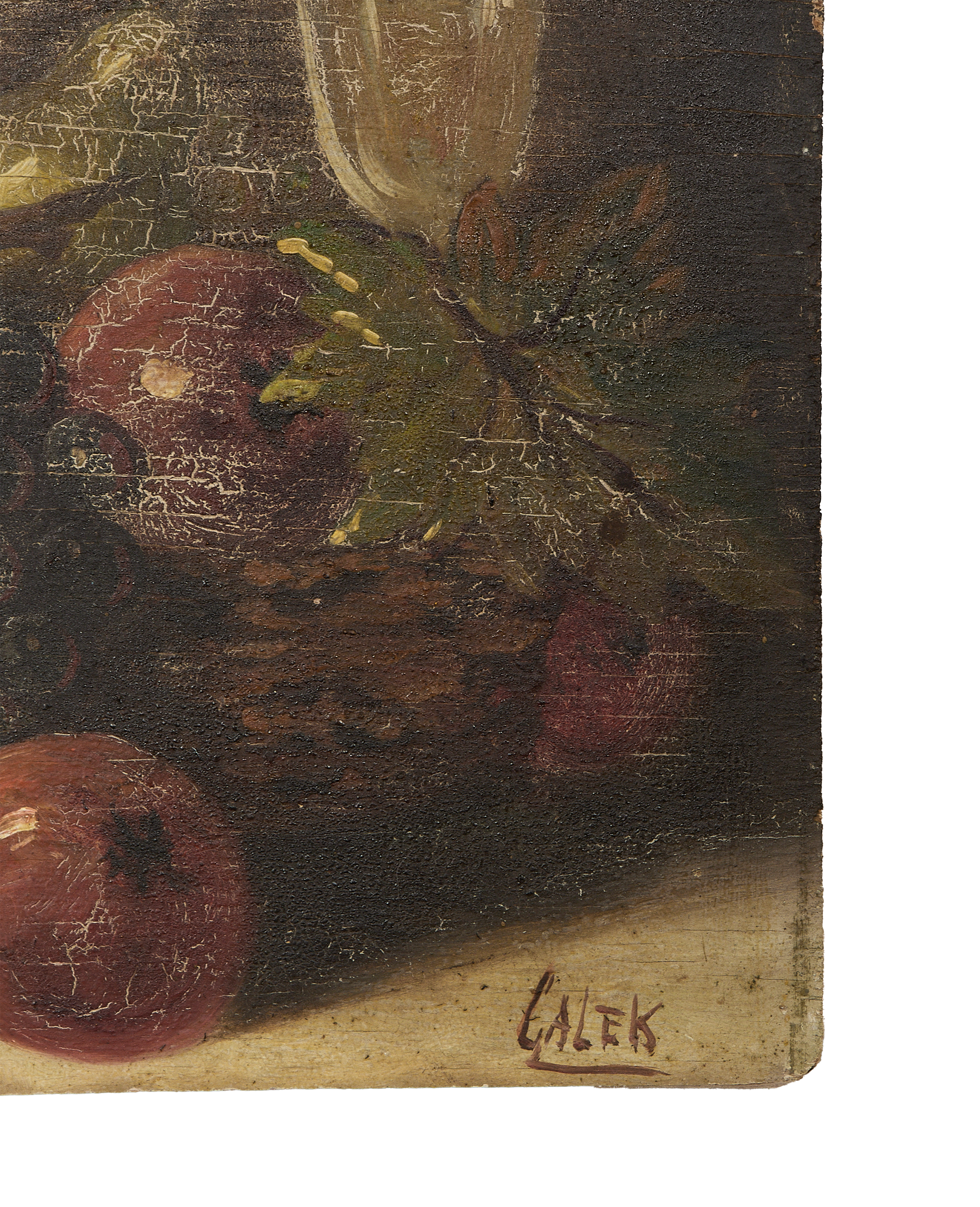 Close-up of vintage French still life painting on oak, showing paint crackling and artist signature.