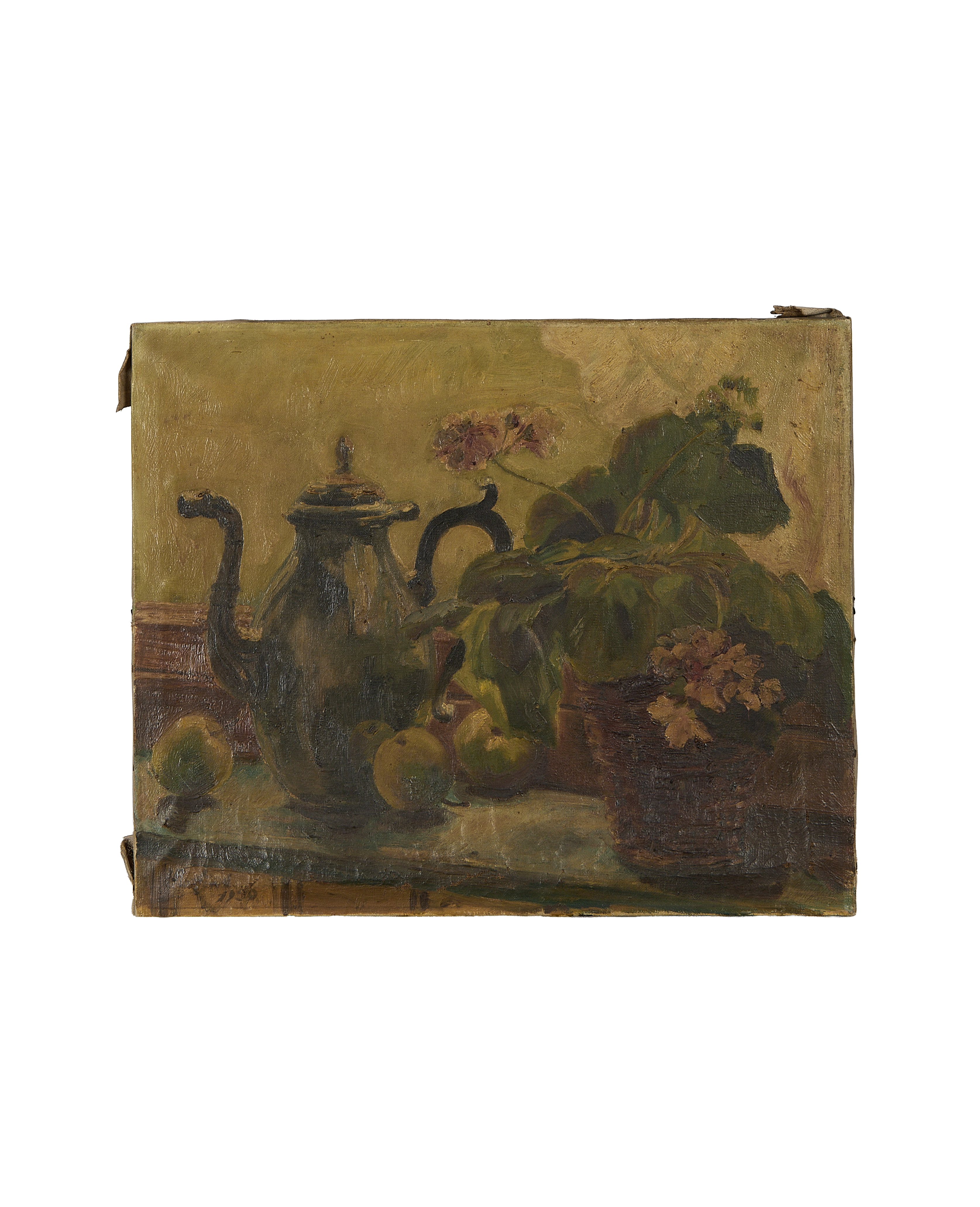 Vintage French still life oil painting: teapot, green apples, potted plant with flowers.