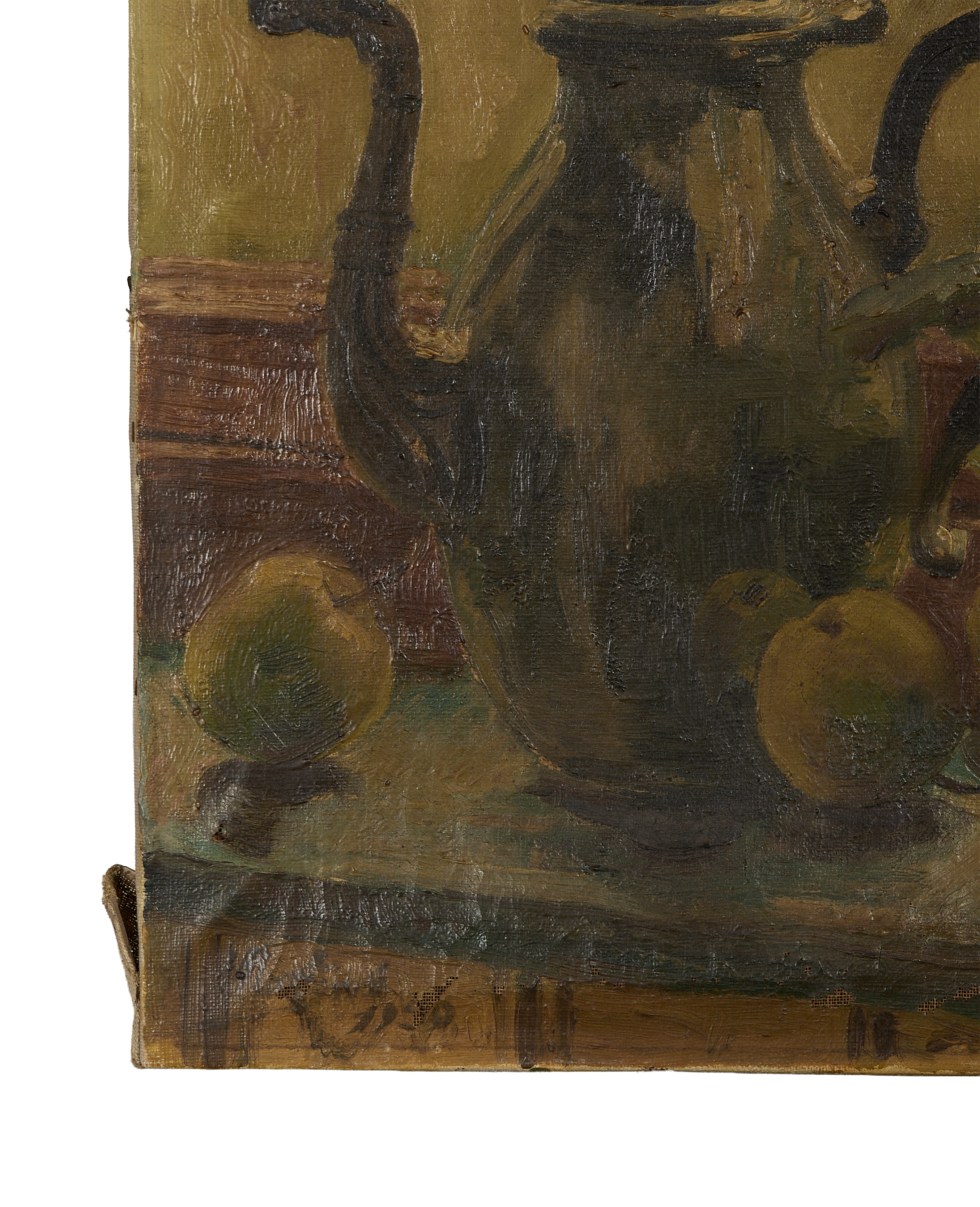 Vintage French Still Life Painting, showing original uneven canvas edge and visible brushstrokes on still life objects.
