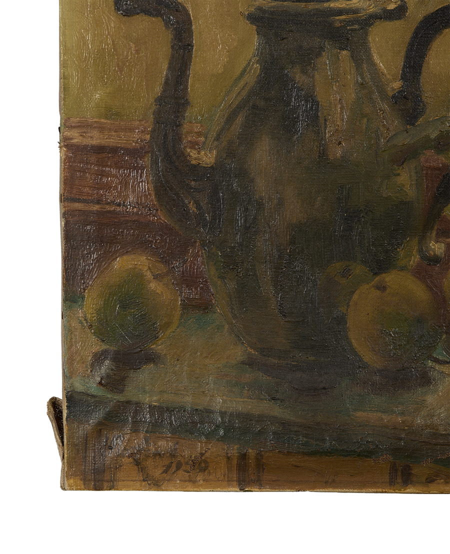 Vintage French Still Life Painting, showing original uneven canvas edge and visible brushstrokes on still life objects.