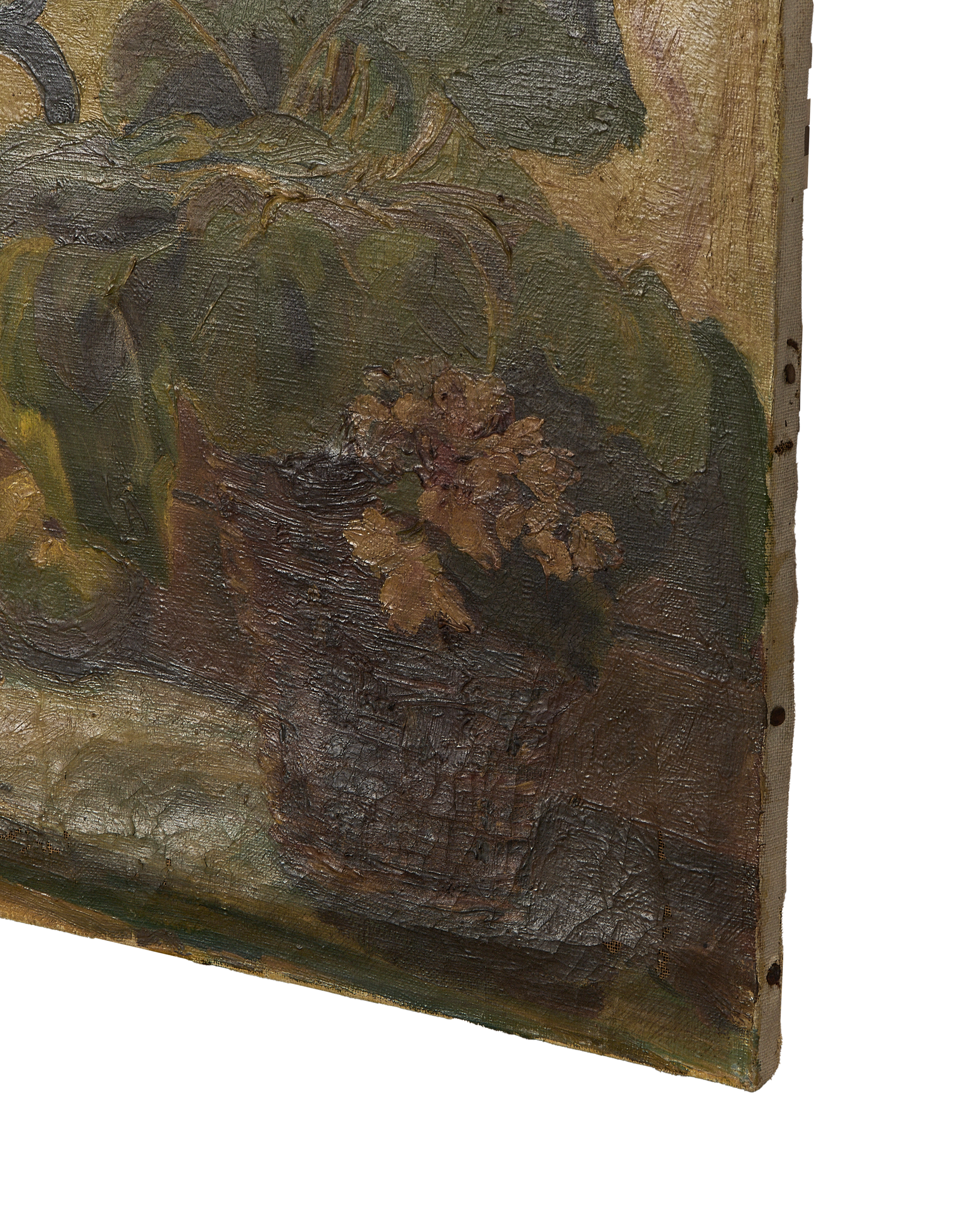 Vintage French Still Life Painting, close-up of textured oil paint and canvas edge condition.