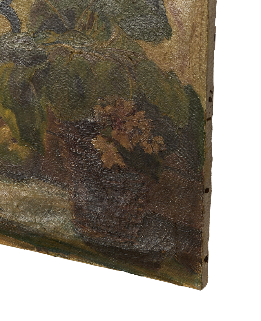 Vintage French Still Life Painting, close-up of textured oil paint and canvas edge condition.