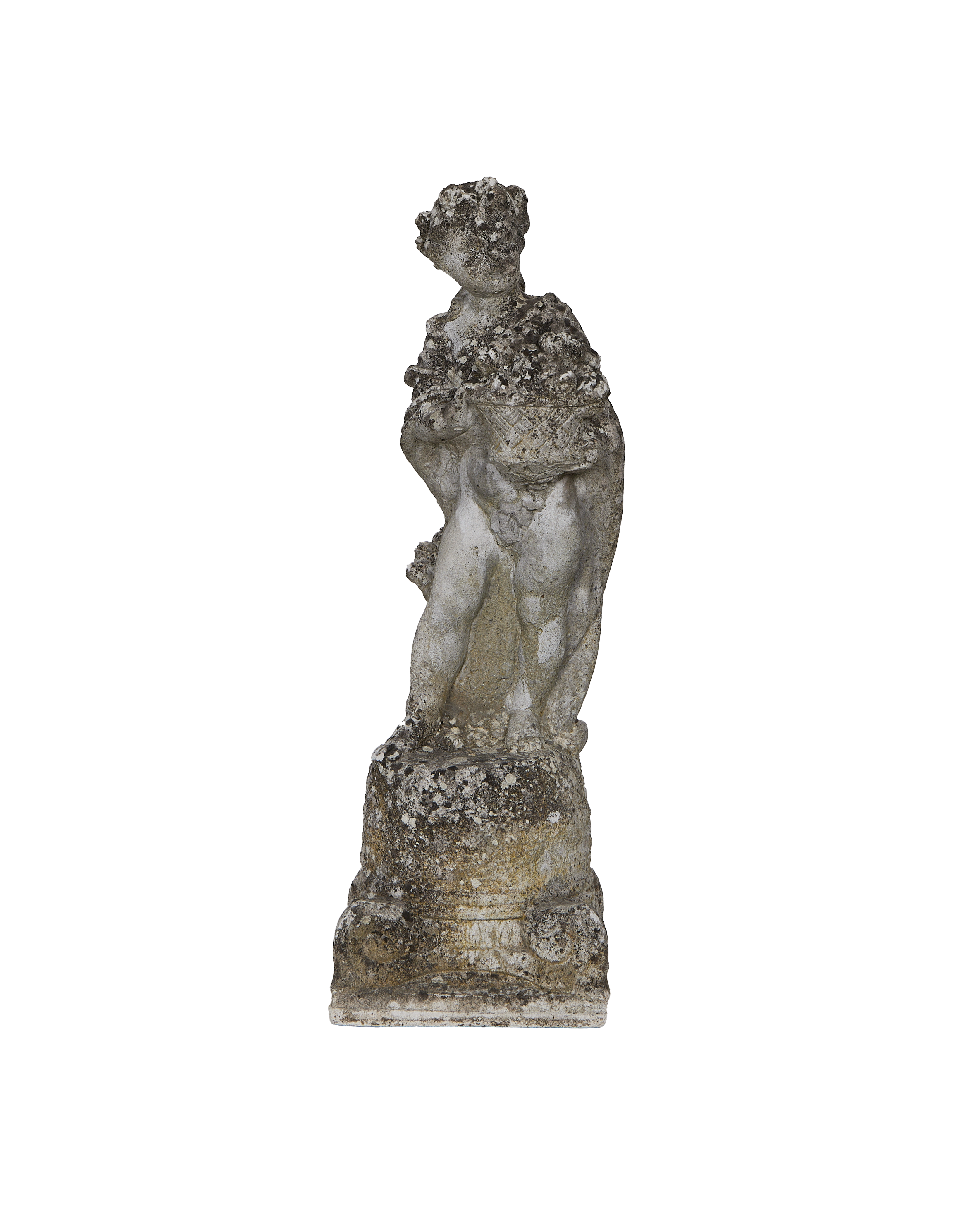 Vintage French girl statue, weathered oak, holding basket, standing on moss-covered pedestal.