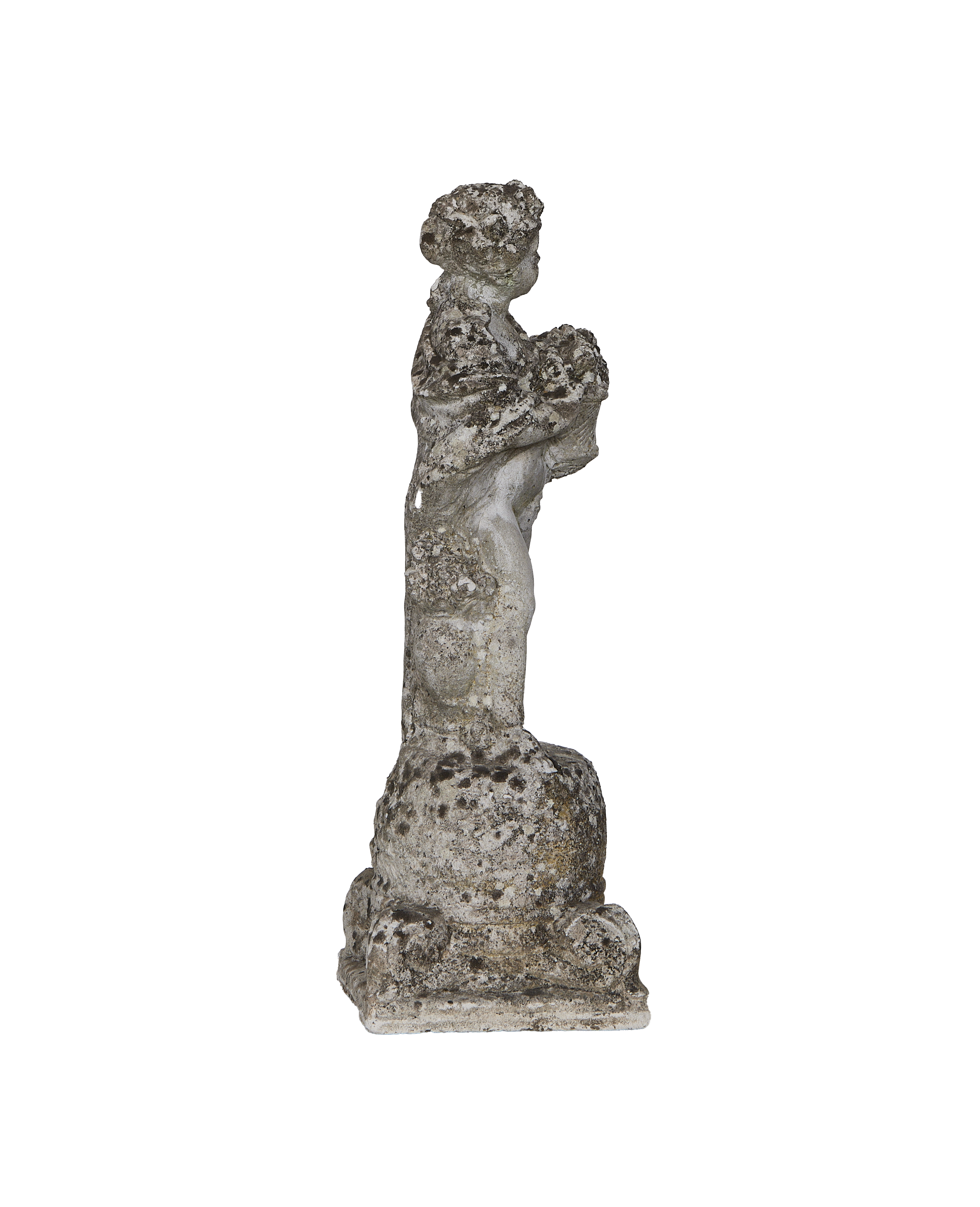 Vintage French concrete girl statue, left profile, weathered finish, garden decor.