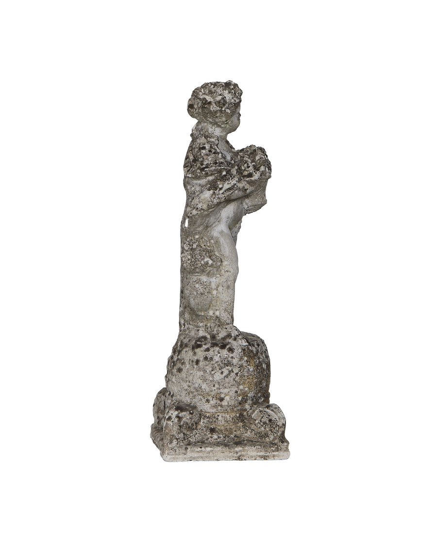 Vintage French concrete girl statue, left profile, weathered finish, garden decor.