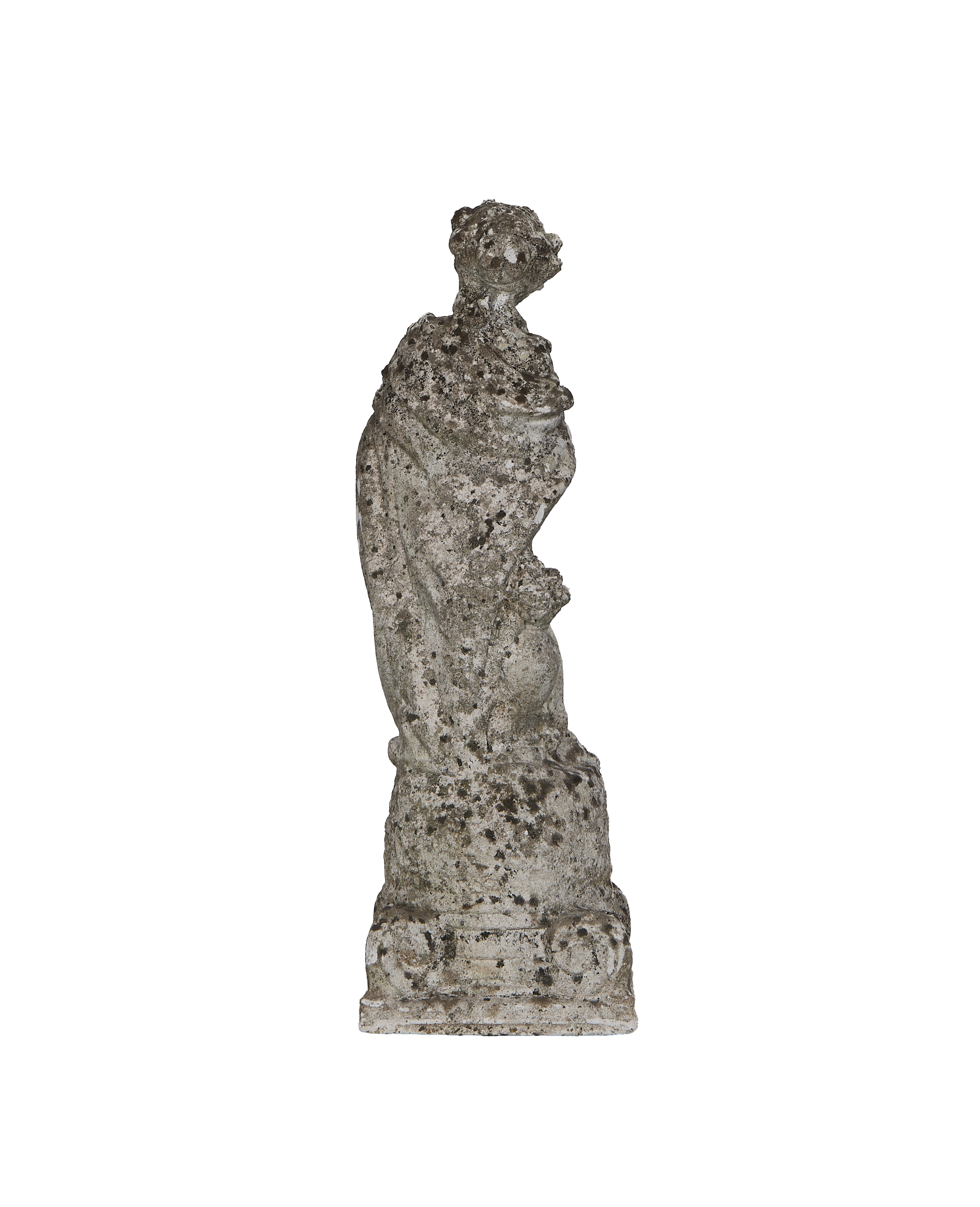 Vintage French oak girl statue, detailed side view, weathered condition showing character.