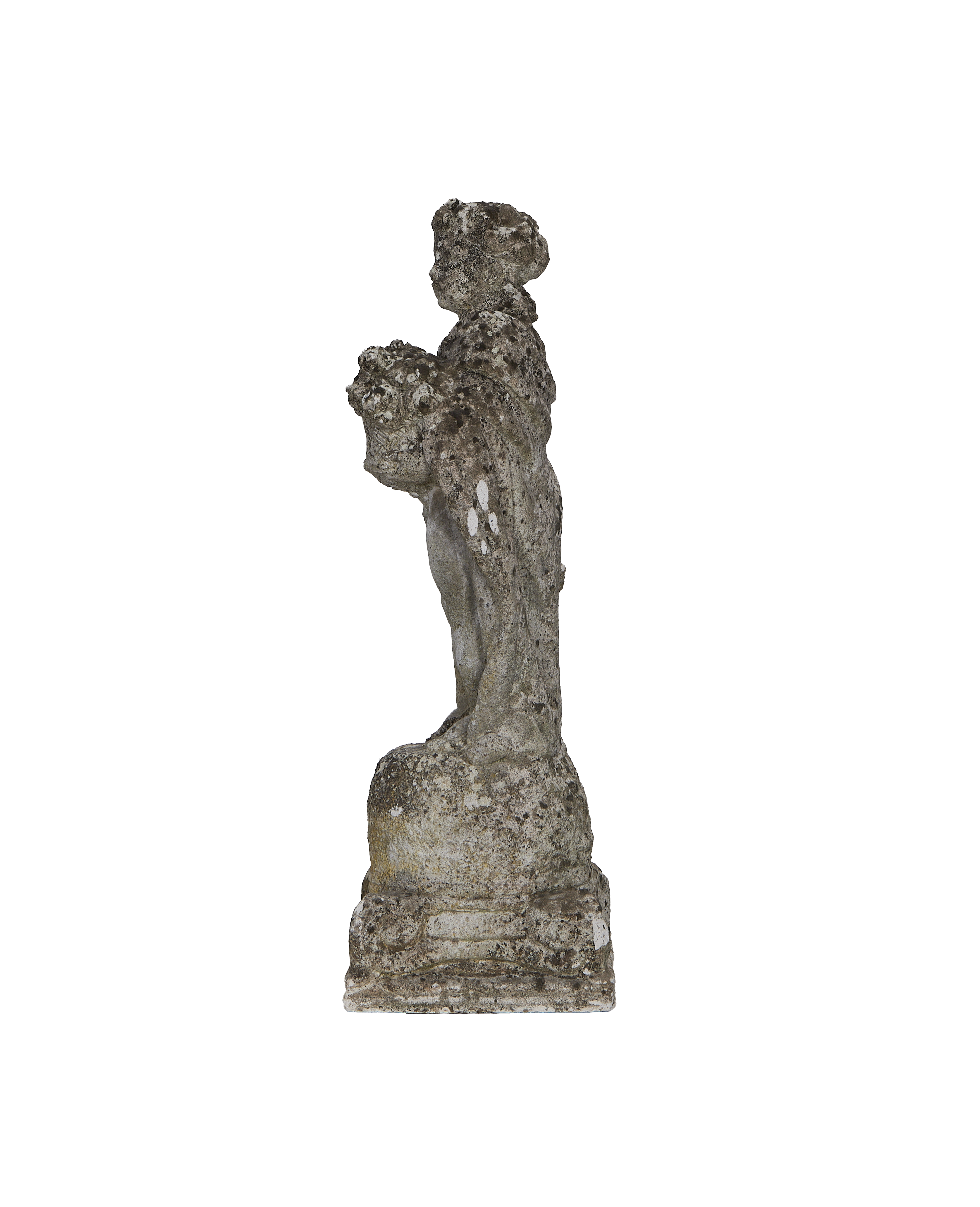Vintage concrete girl statue, offering flowers, weathered French garden ornament, side view.