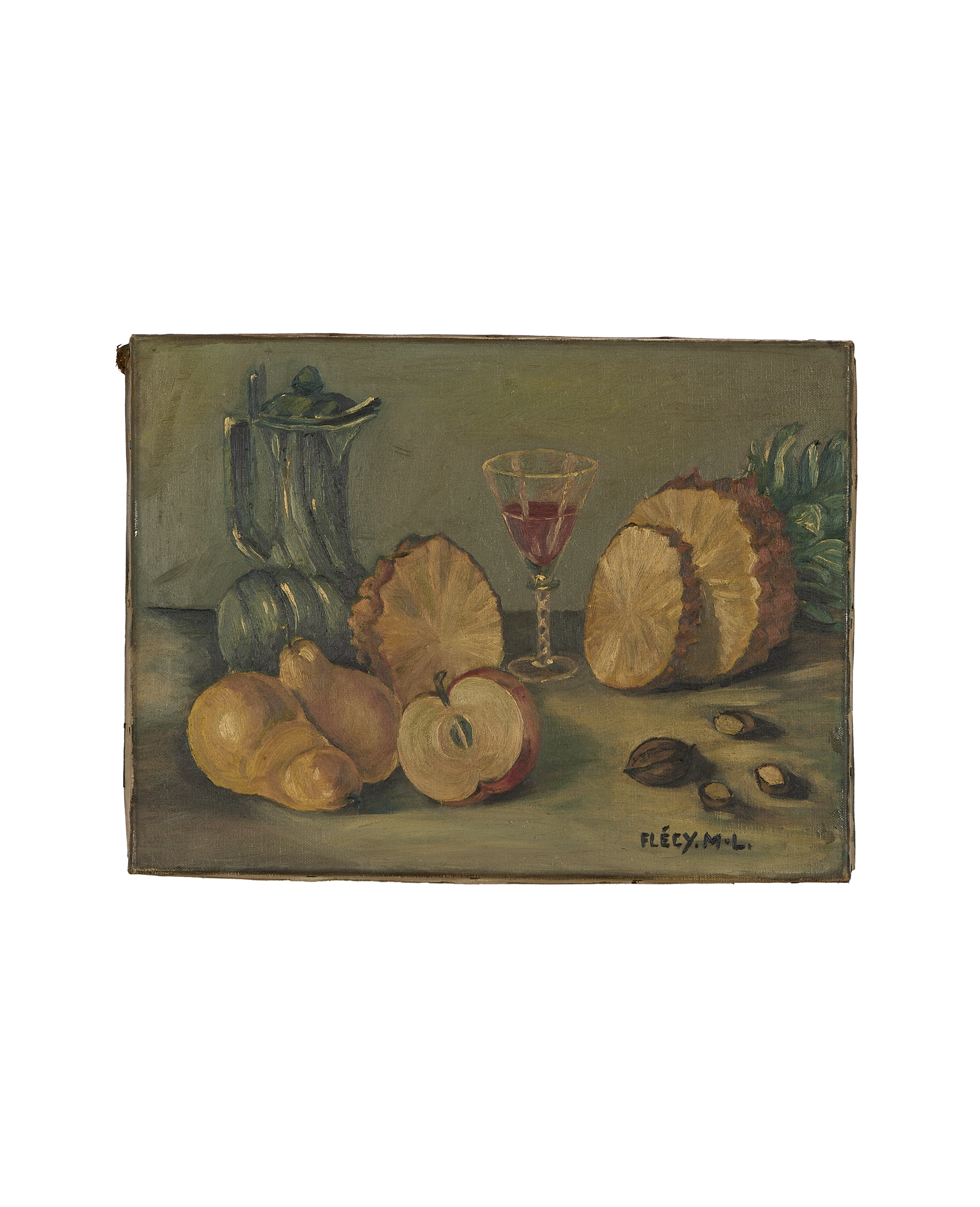 Vintage French still life oil painting on canvas featuring fruit, silver pitcher, and wine.