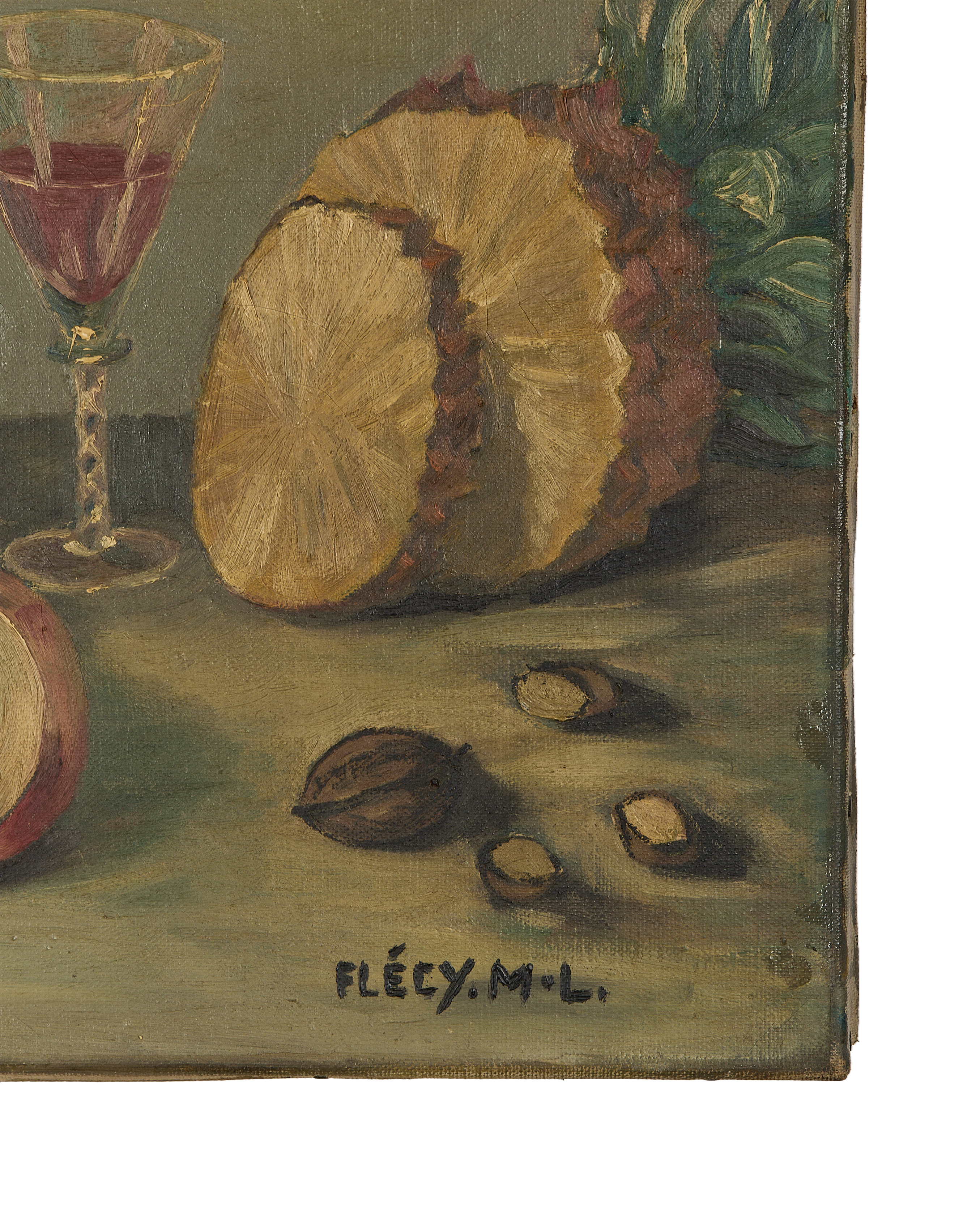 Vintage French still life oil painting detail: half pineapple, wine glass, and nuts.