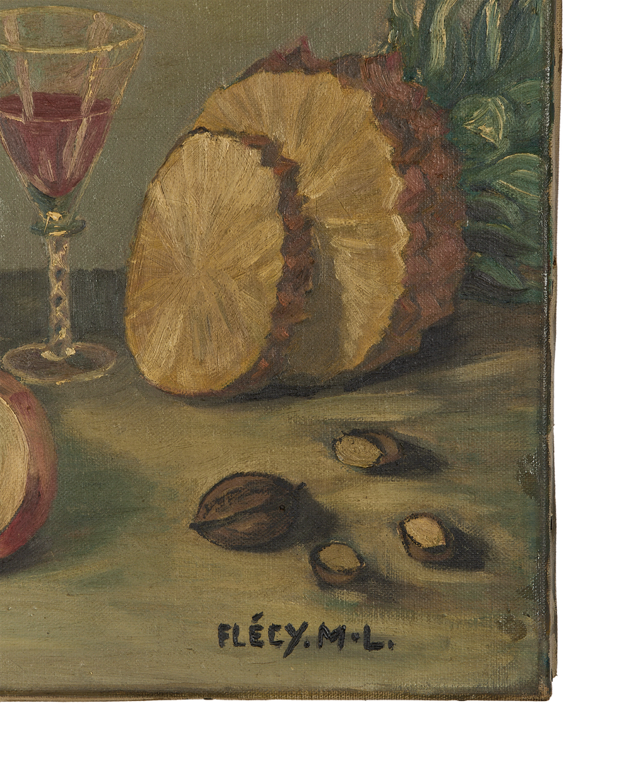 Vintage French still life oil painting detail: half pineapple, wine glass, and nuts.