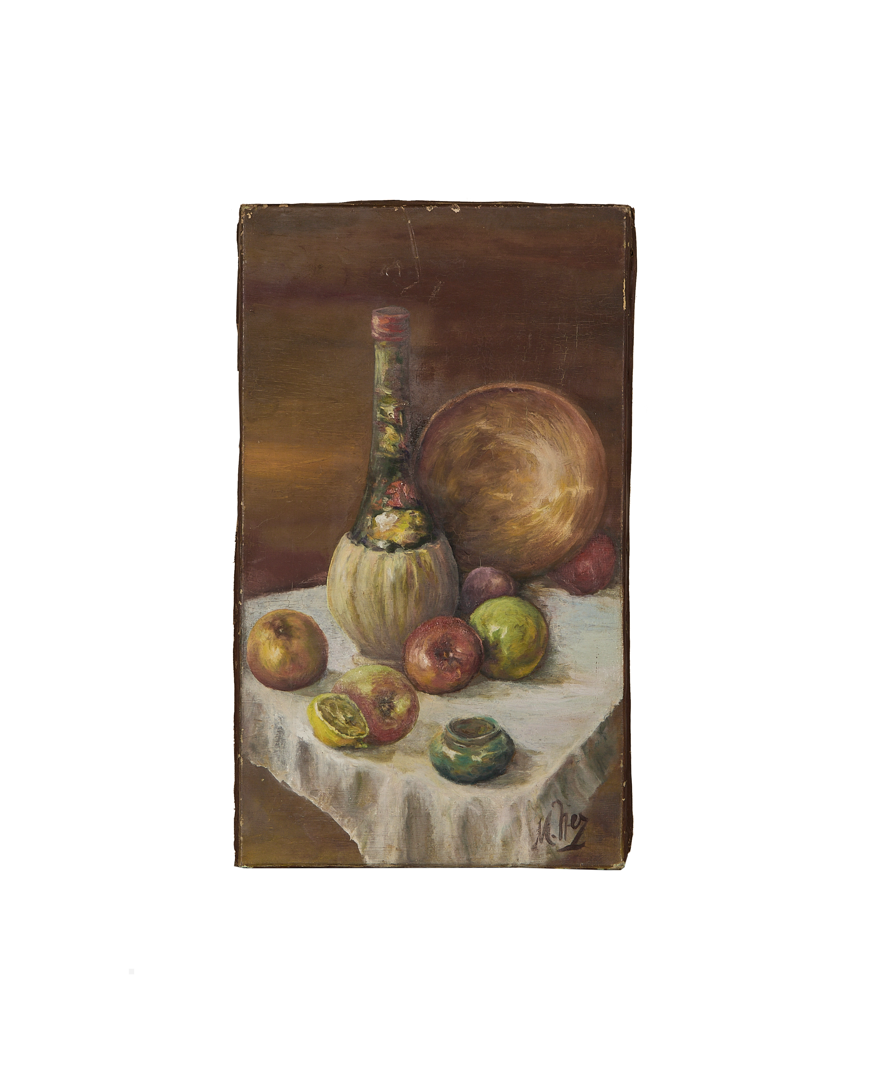 Vintage French oil still life painting on oak board, fruit, bottle, bowl, faded muted tones.