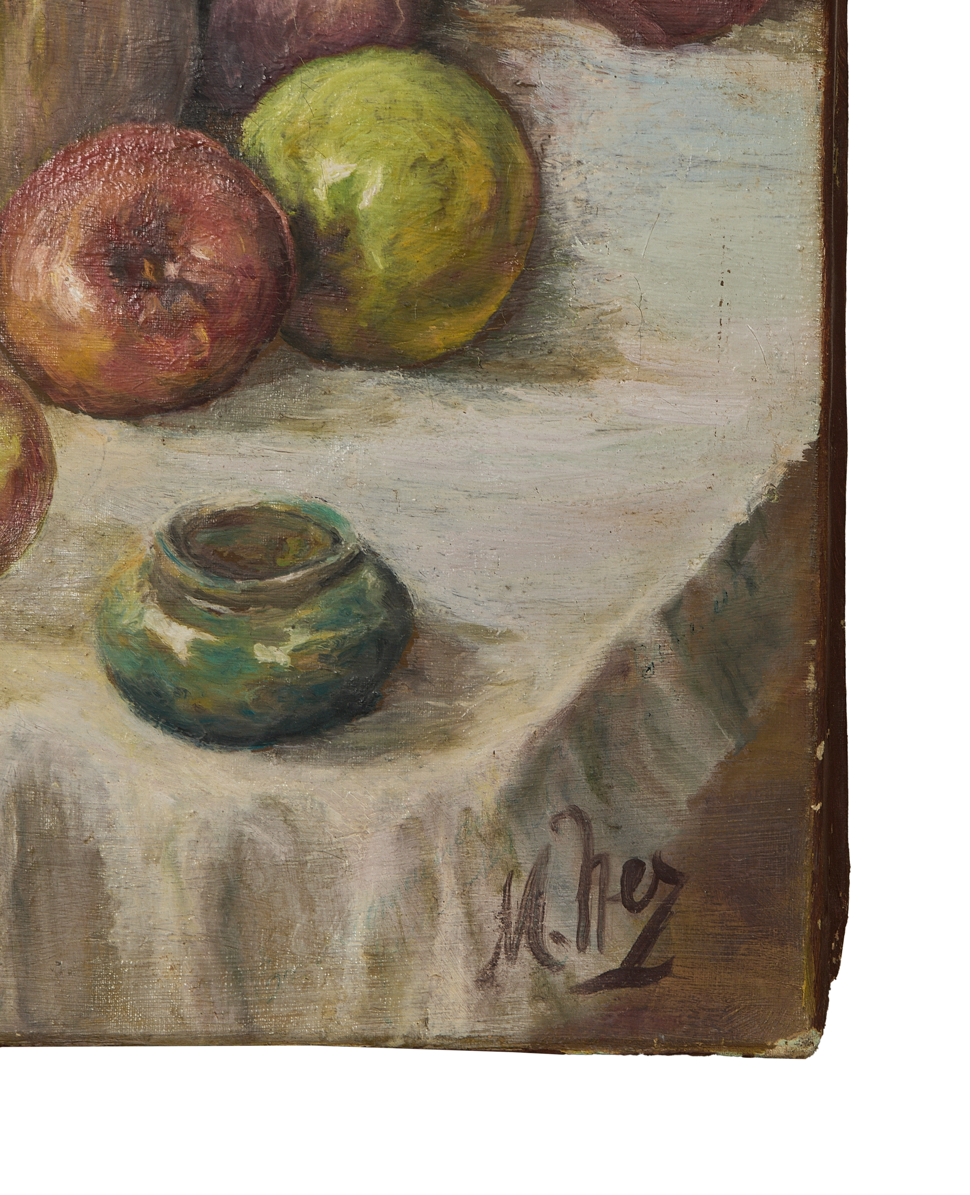 Signature detail on vintage French oak still life painting, with apples and small pot.