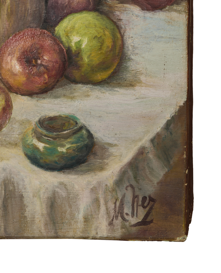 Signature detail on vintage French oak still life painting, with apples and small pot.