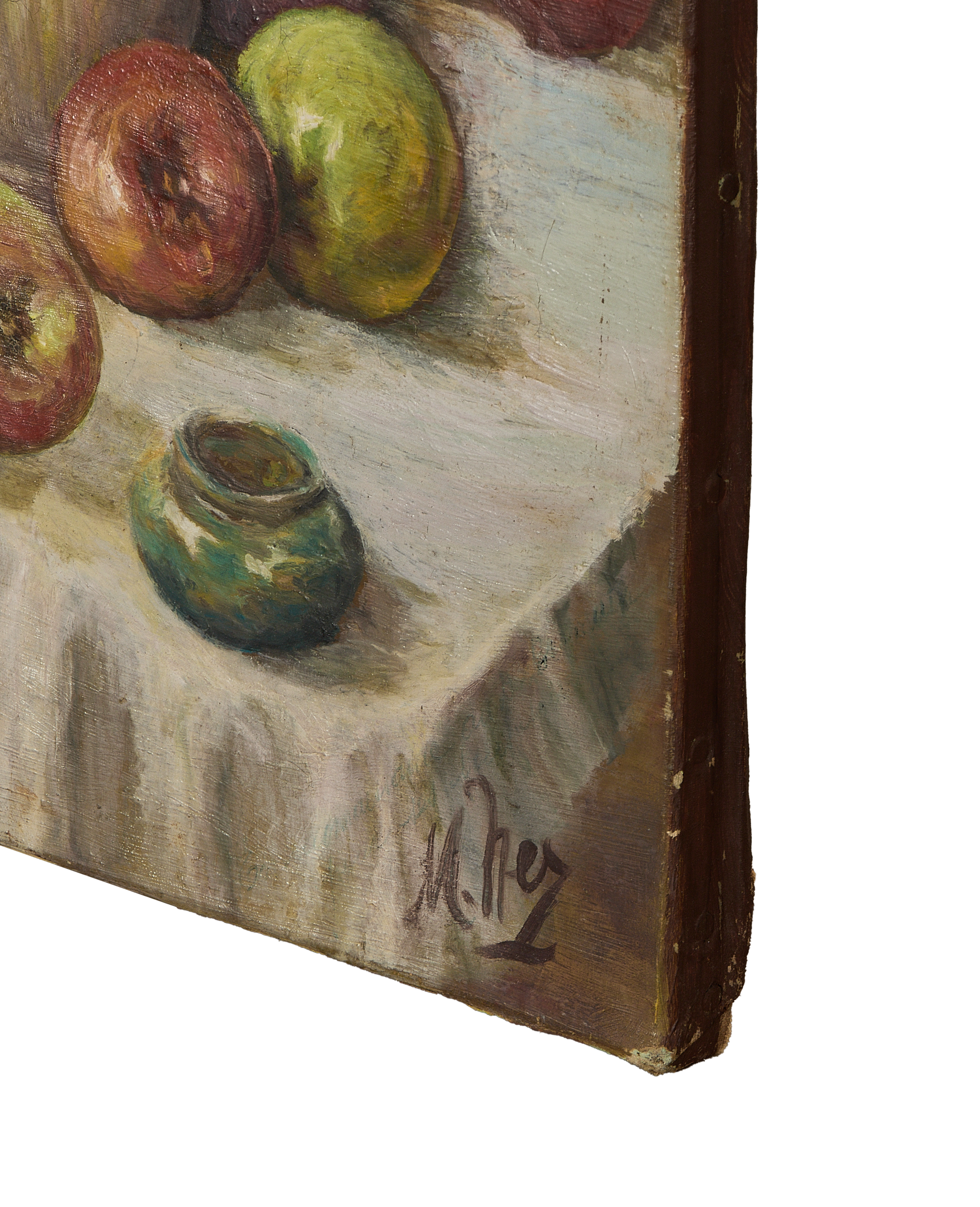 Vintage French still life painting, showing artist's signature M.HEZ on the oak frame.