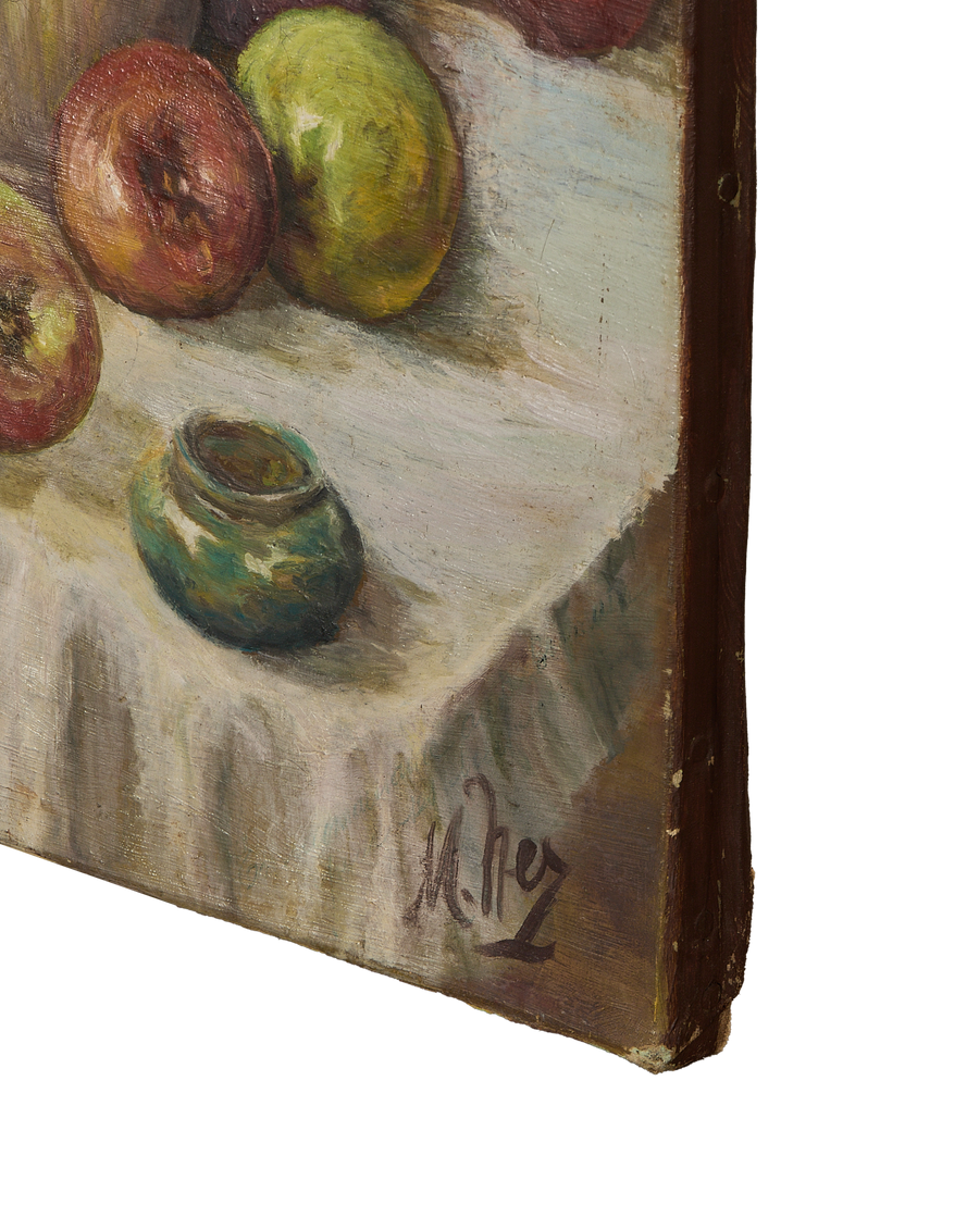 Vintage French still life painting, showing artist's signature M.HEZ on the oak frame.