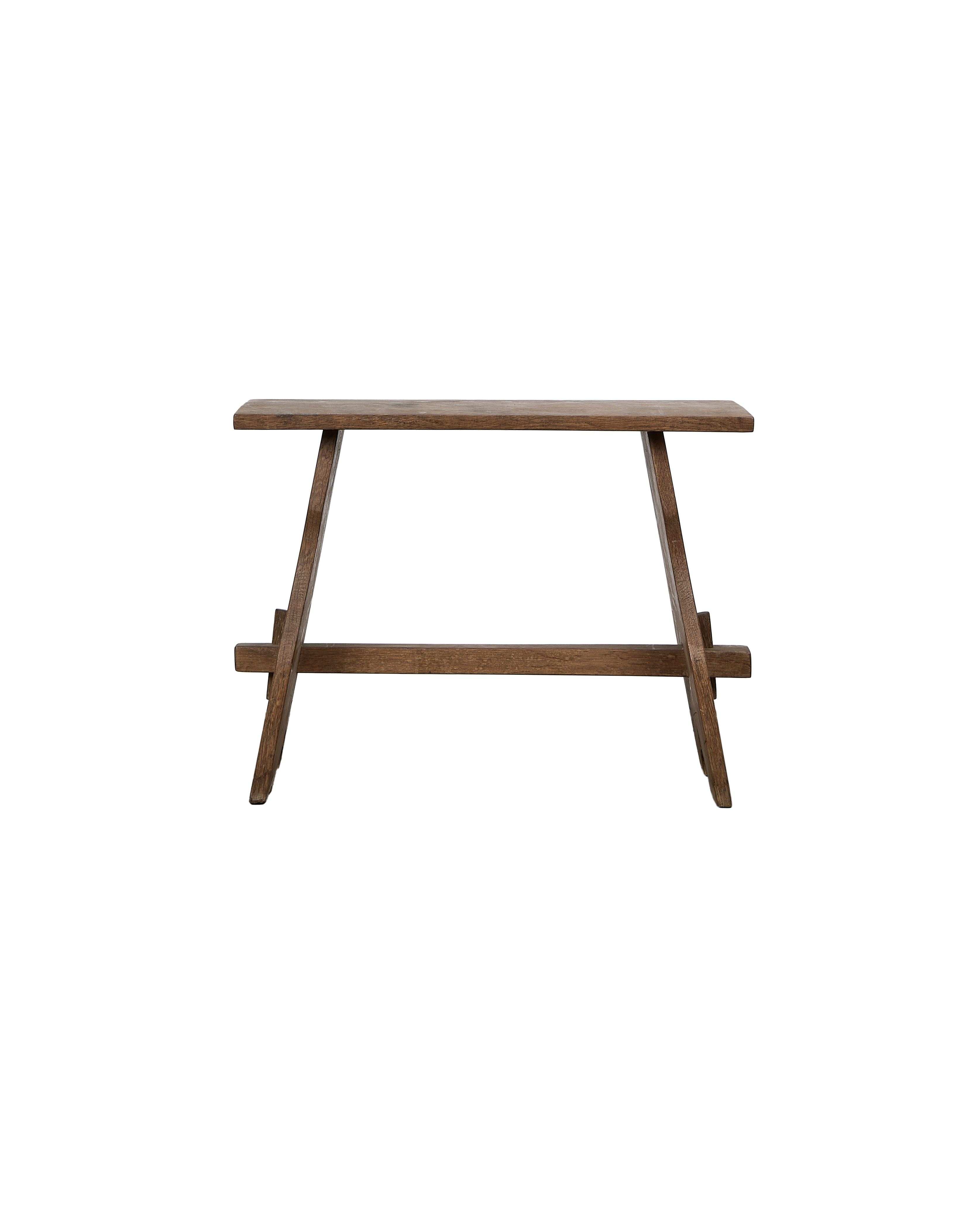 Vintage French oak church stool, close-up, showing sturdy A-frame leg construction.