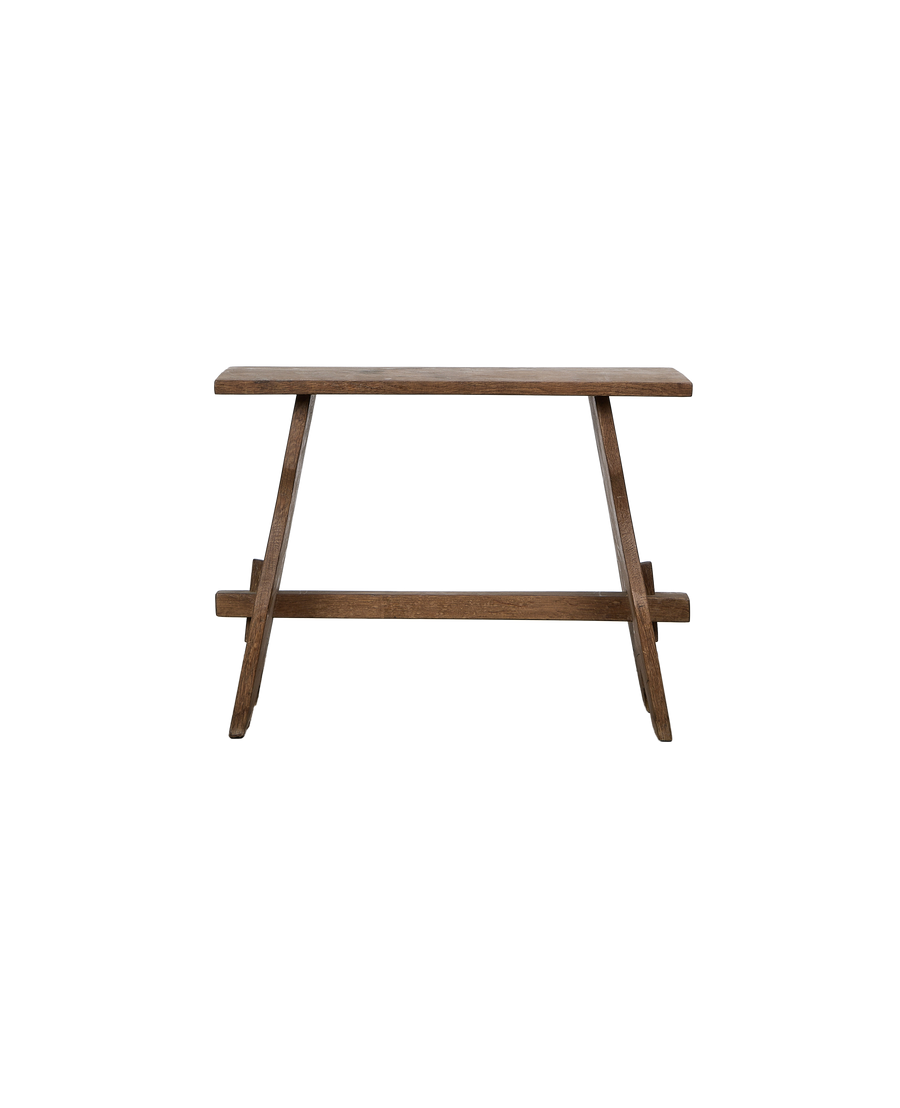 Vintage French oak church stool, close-up, showing sturdy A-frame leg construction.