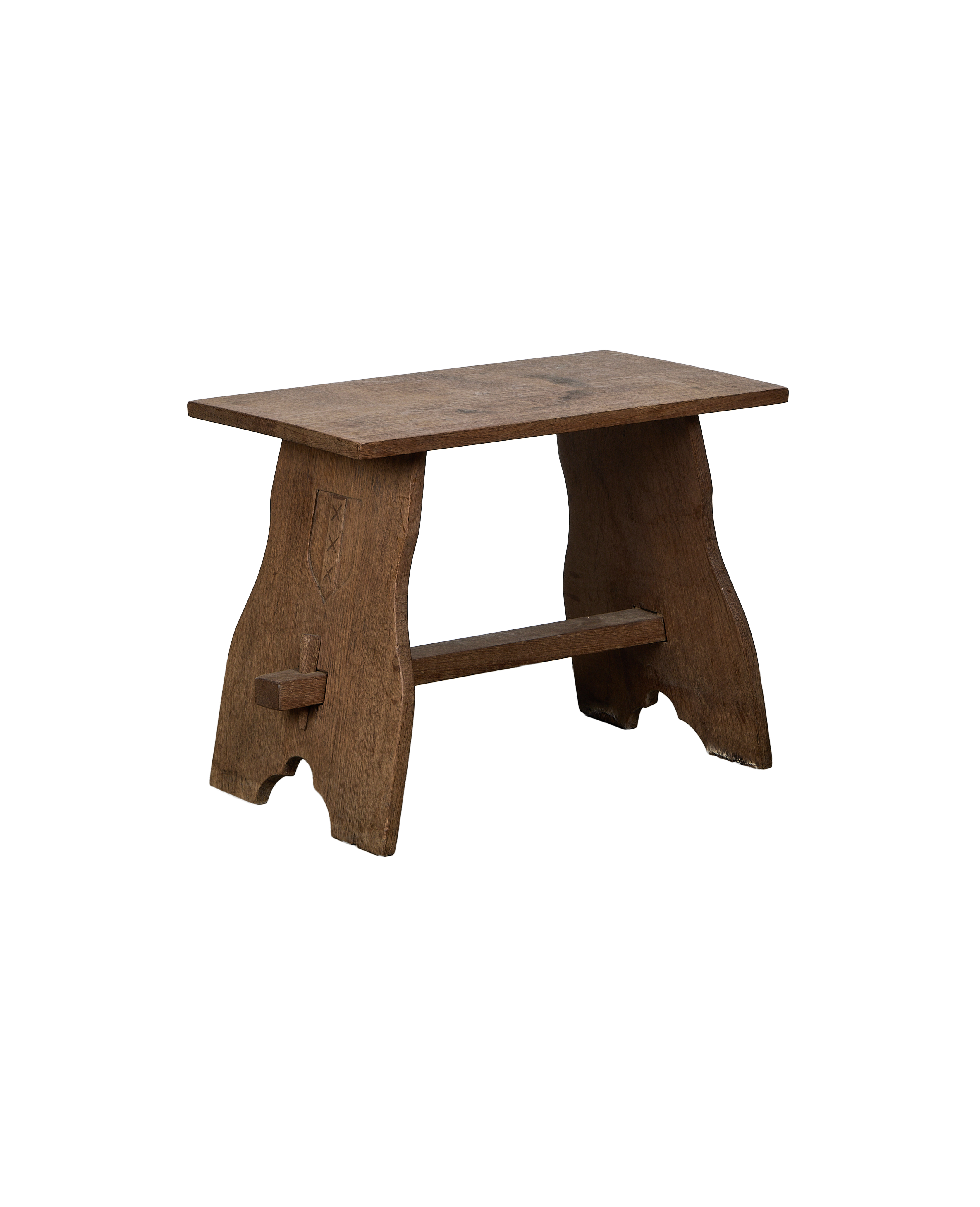 Vintage French oak Church Stool, featuring mortise and tenon joinery, carved X's.