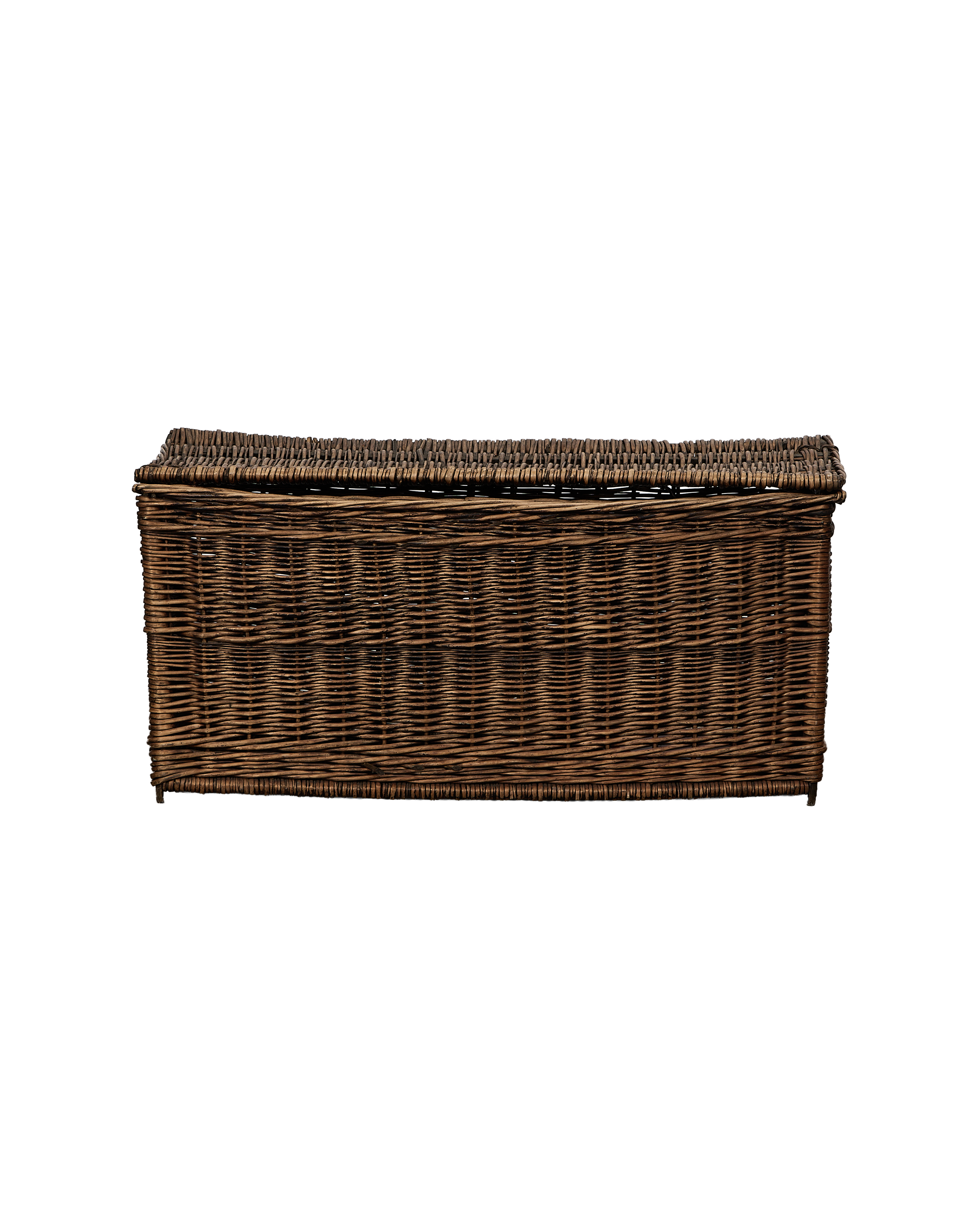 Vintage French wicker chest, rectangular, featuring a tightly woven body and a slightly domed lid.
