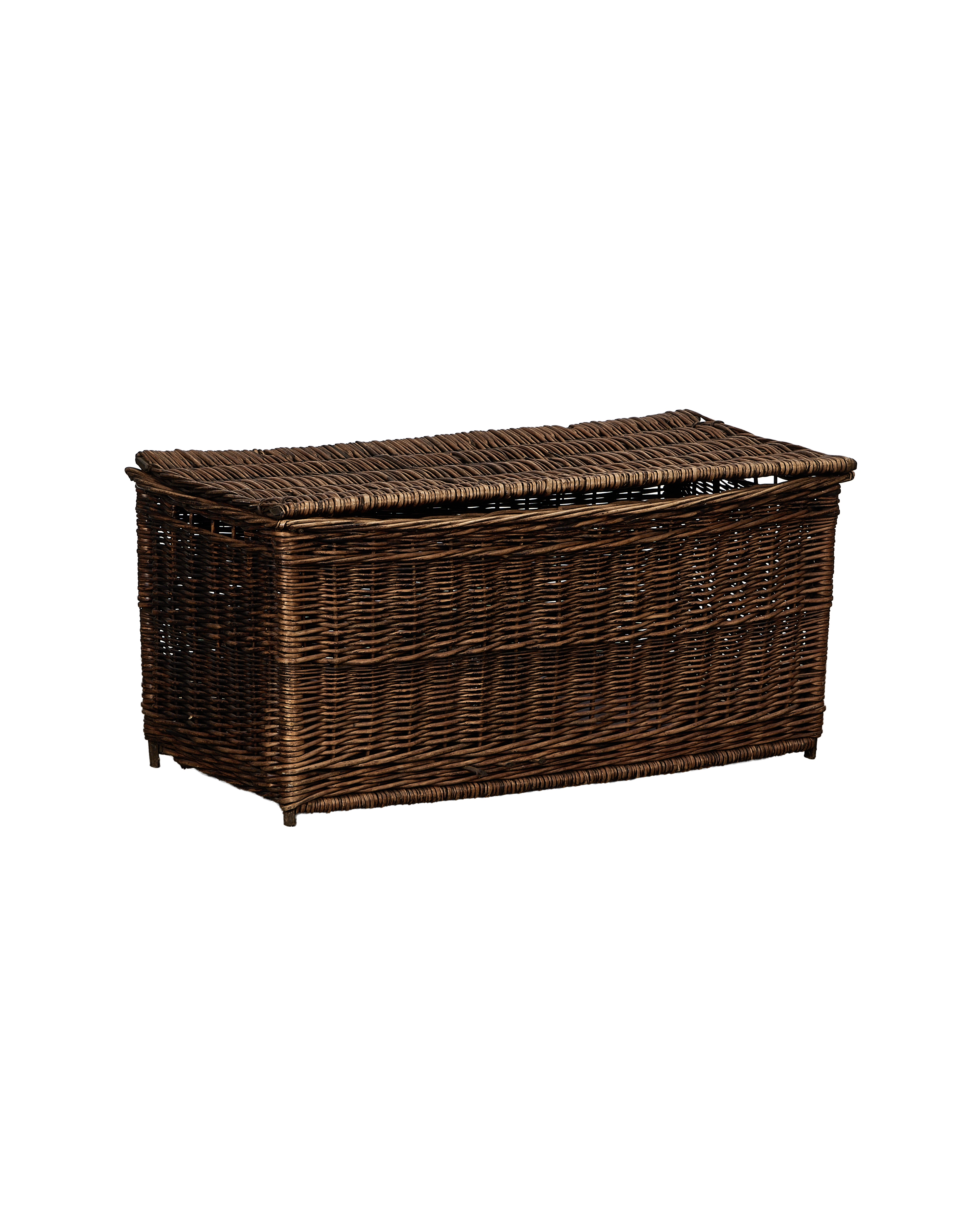 Vintage French rectangular wicker chest, dark brown oak, closed lid, front view.