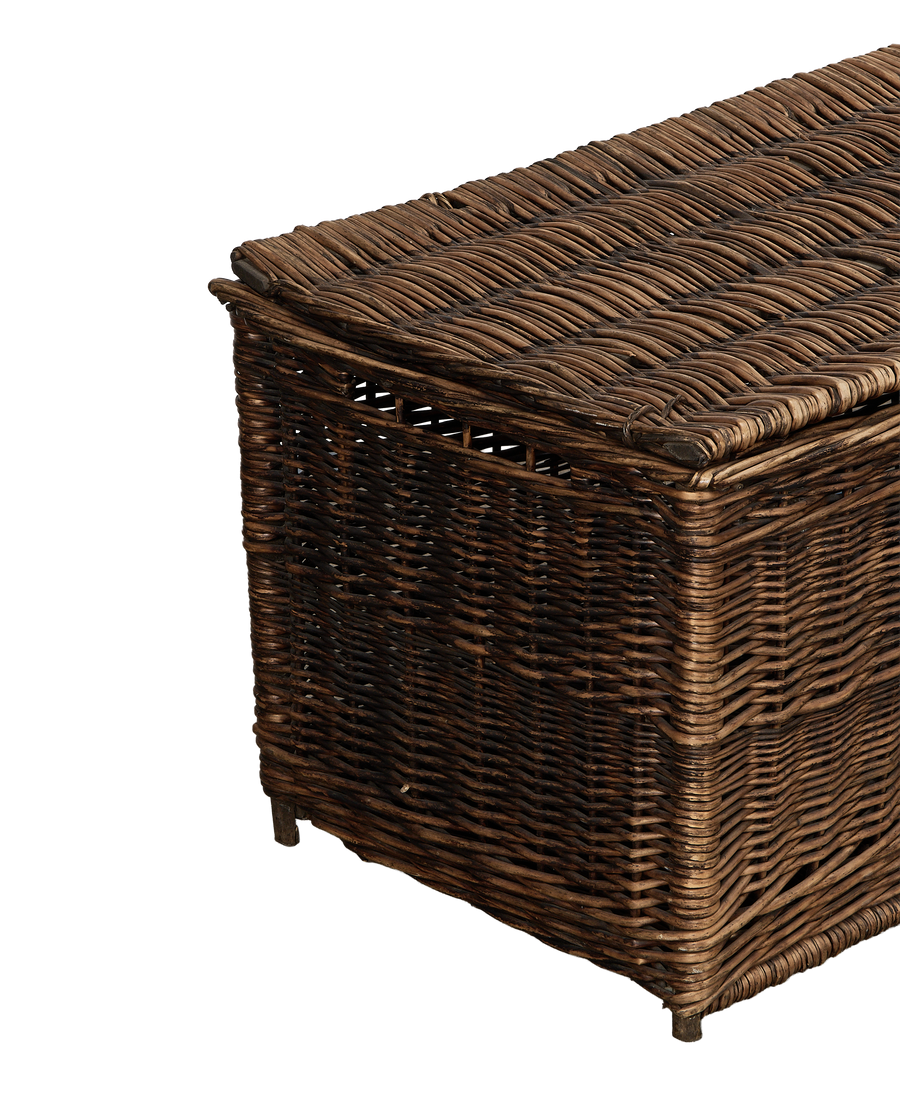 Vintage French oak wicker chest, detailed side view showing woven texture and lid.
