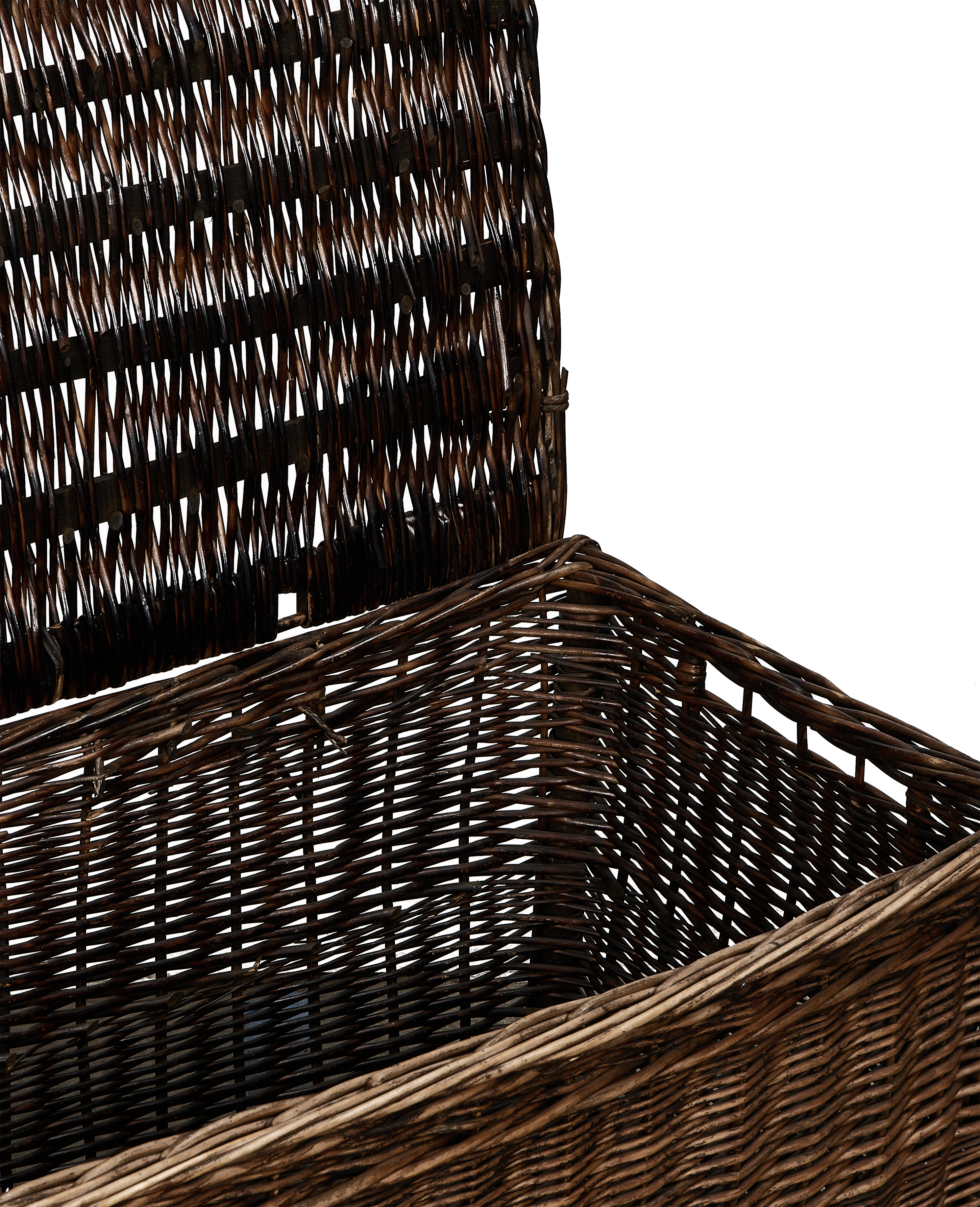 Vintage French oak wicker chest with lid ajar, showcasing interior space, weaving details.