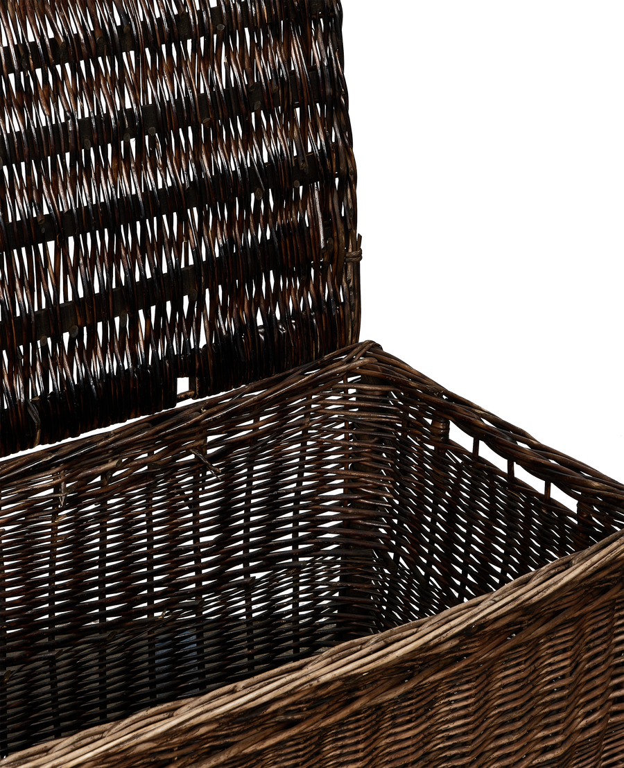 Vintage French oak wicker chest with lid ajar, showcasing interior space, weaving details.