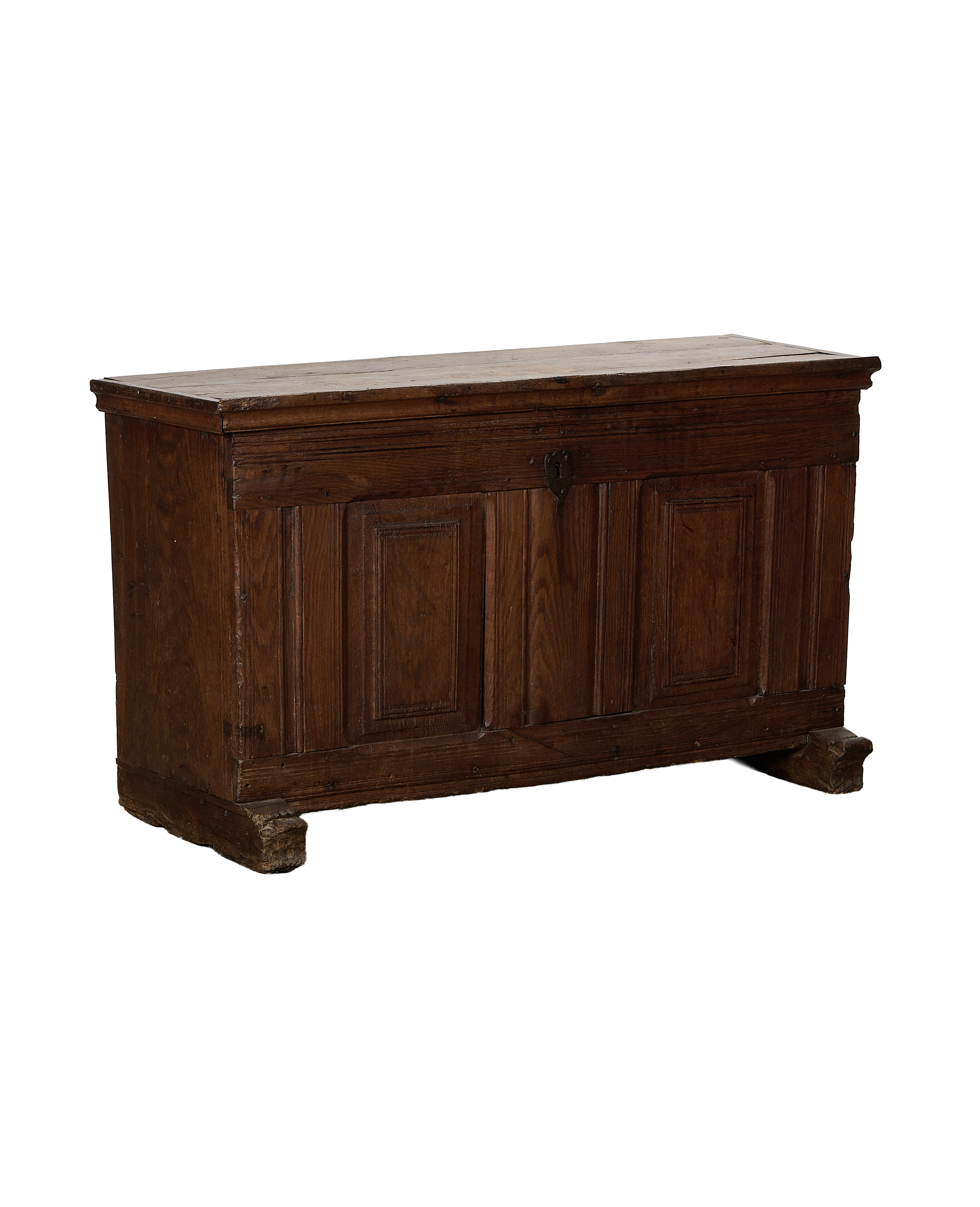 Oak vintage French wood chest, distressed finish, showing front paneled details and base.