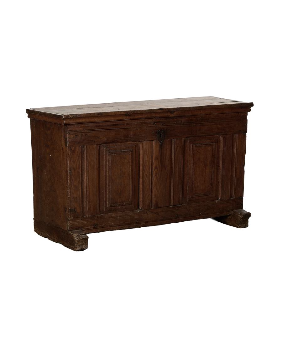 Oak vintage French wood chest, distressed finish, showing front paneled details and base.