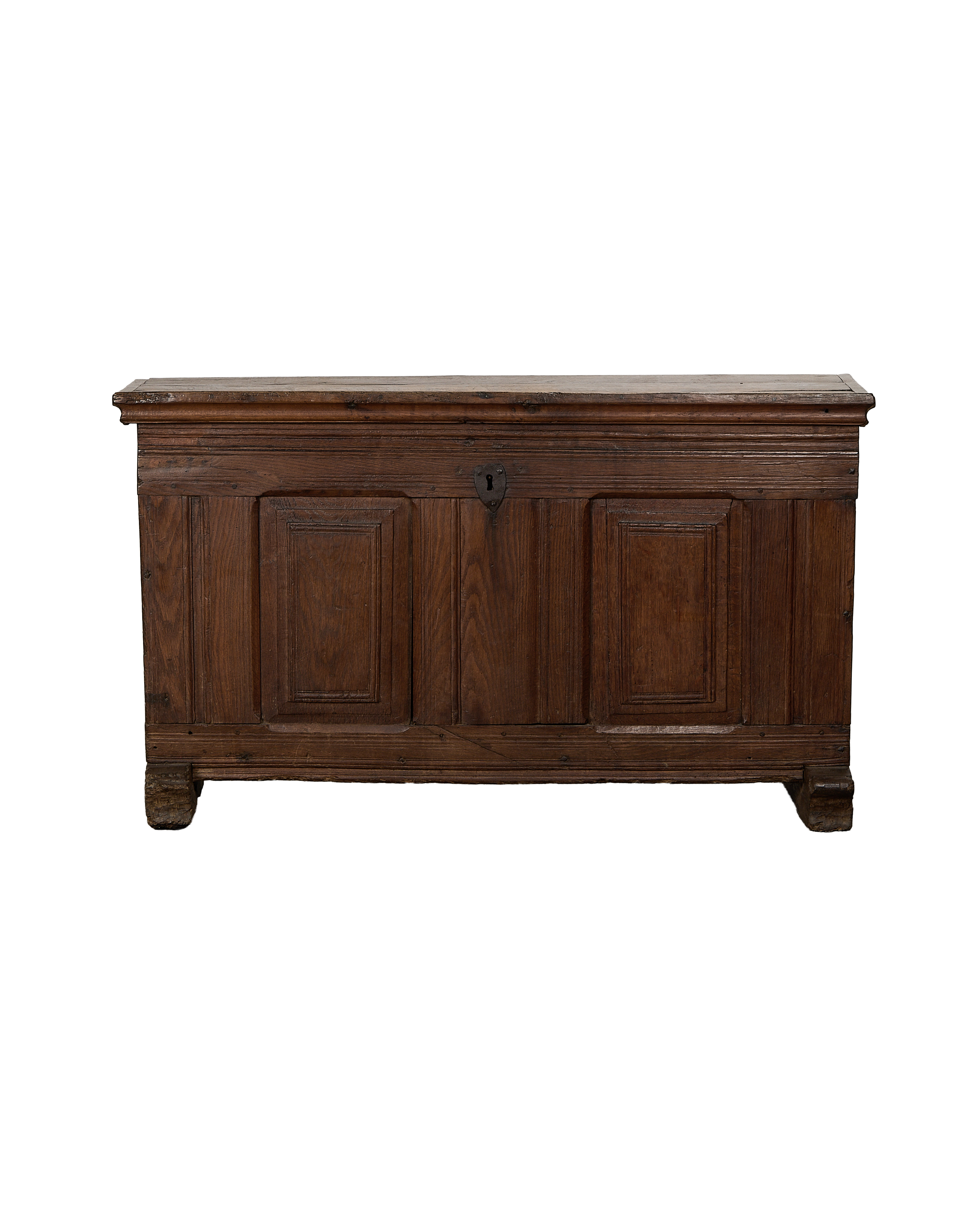 Vintage French oak chest, dark wood, rectangular paneling, and heart-shaped key plate.