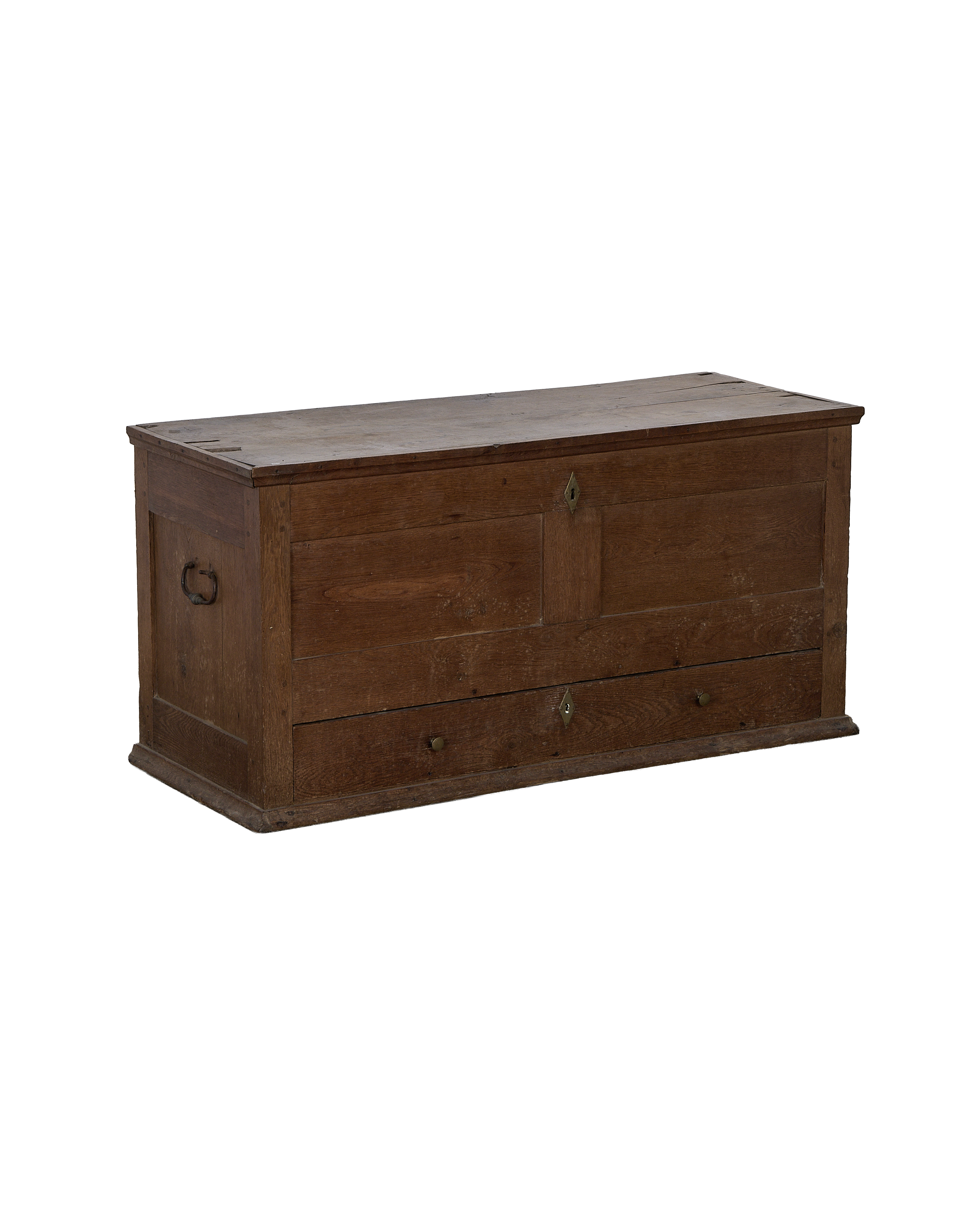 Vintage French oak wood chest with two drawers, brass hardware, and side handles.