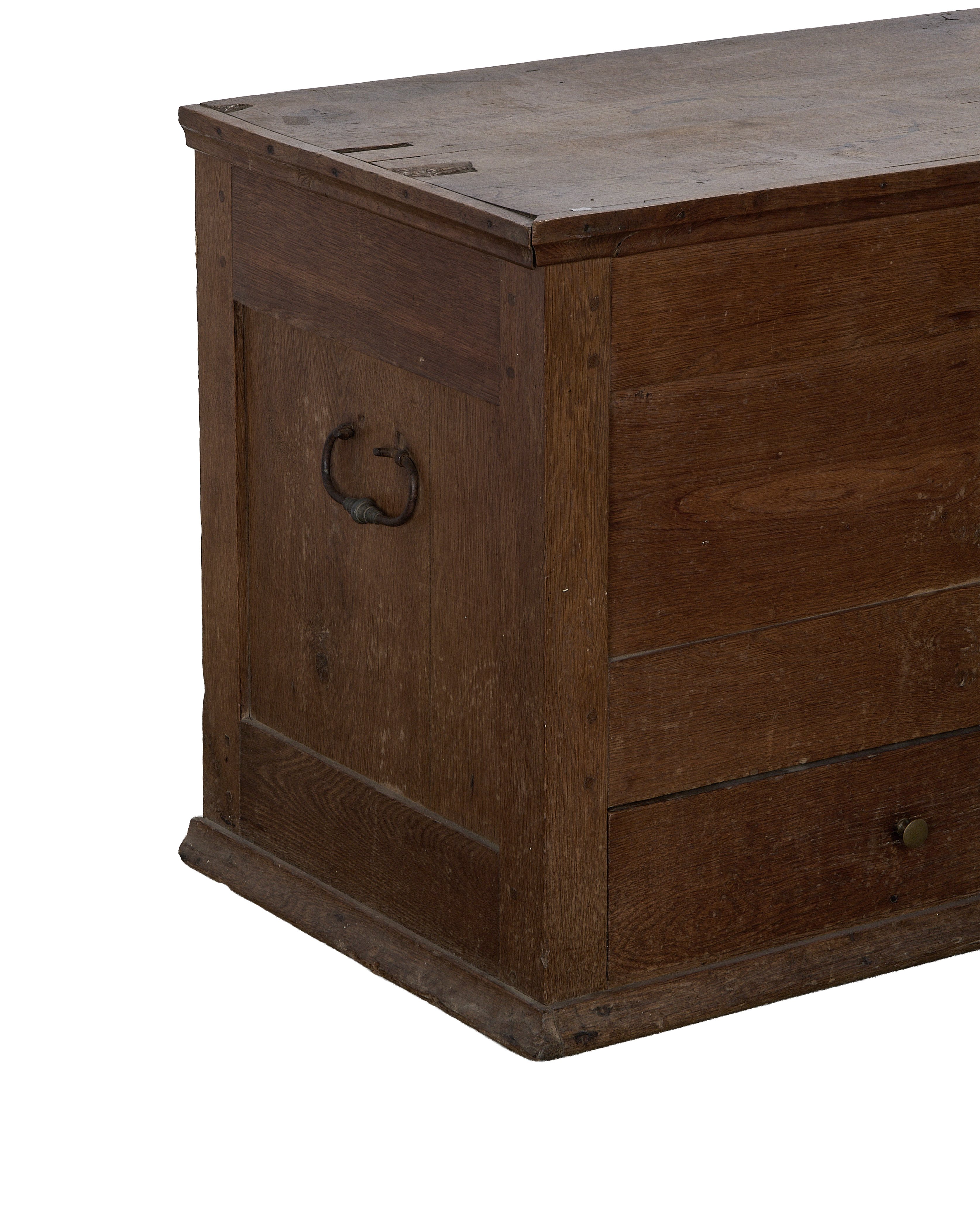 Vintage French Oak chest, close-up of textured wood, aged brass handle, showing condition.