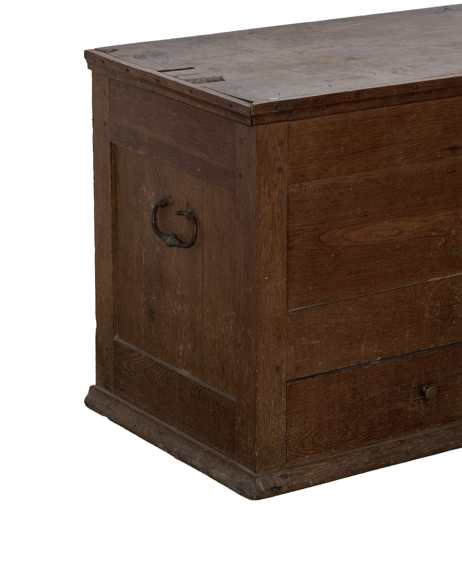 Vintage French Oak chest, close-up of textured wood, aged brass handle, showing condition.