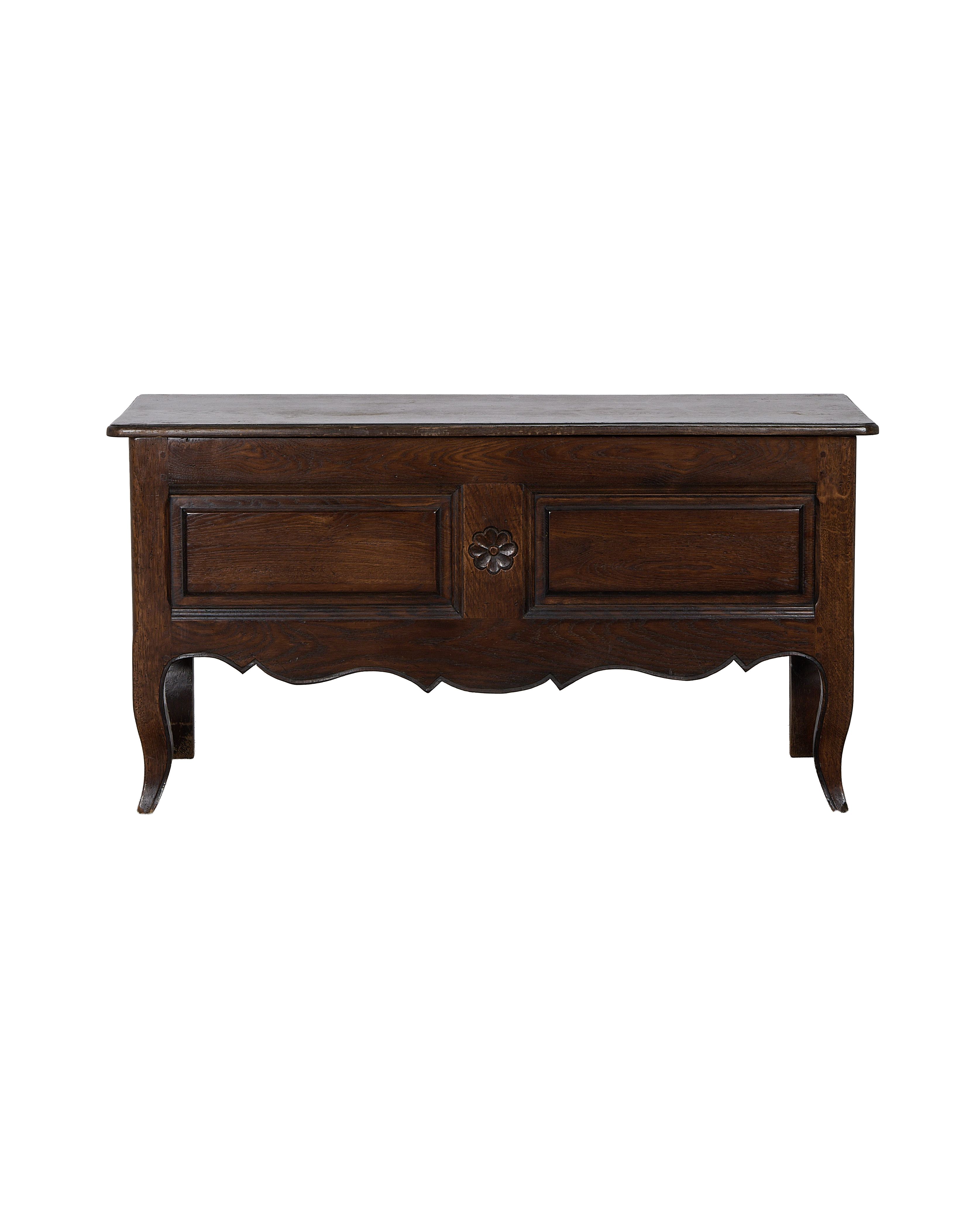 Vintage French oak chest, dark wood, with carved floral rosette and elegant cabriole legs.