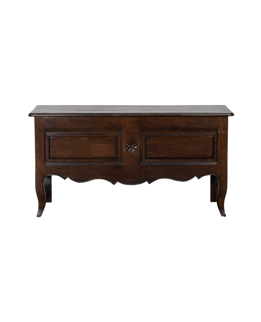 Vintage French oak chest, dark wood, with carved floral rosette and elegant cabriole legs.