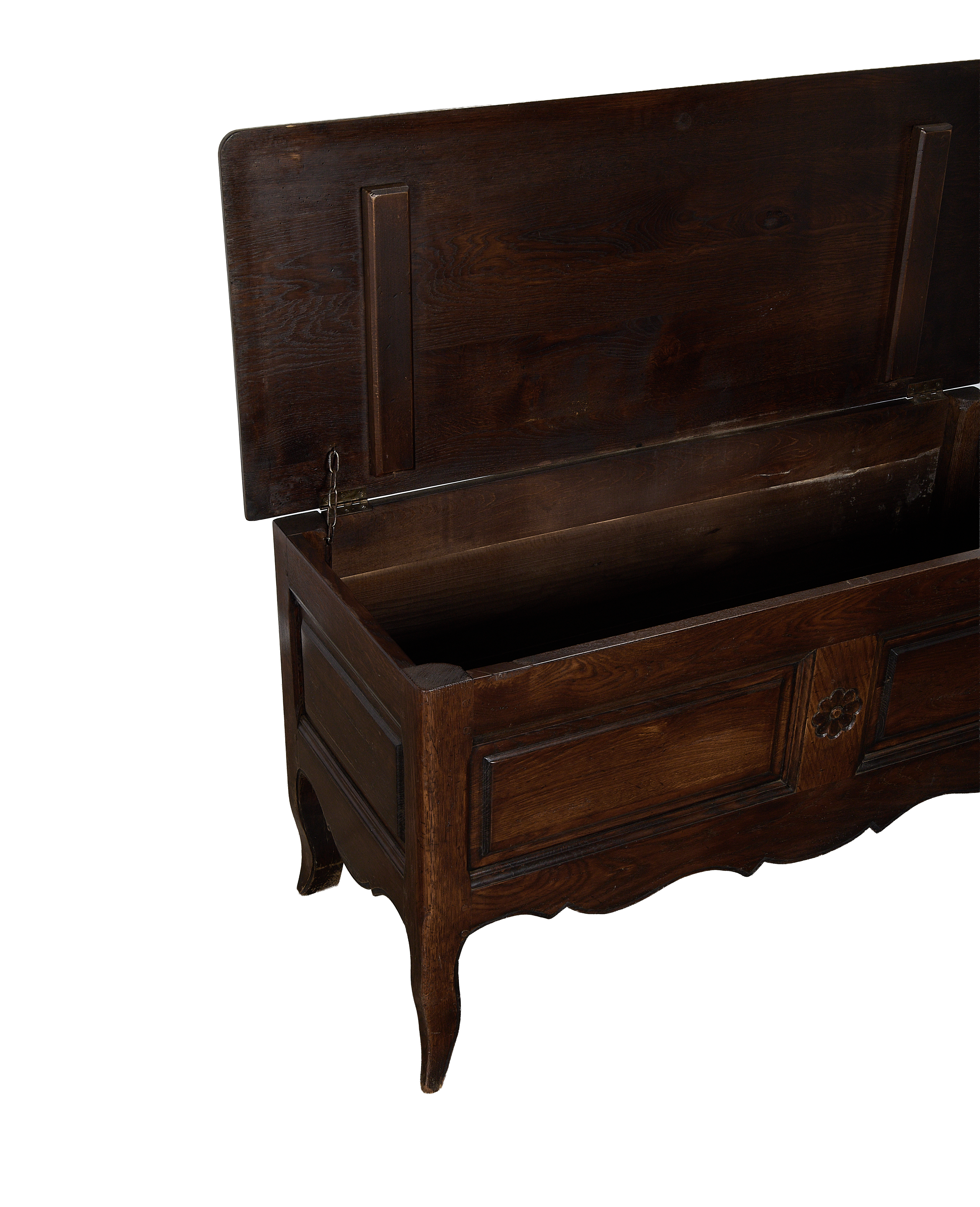 Vintage French dark oak chest with lid opened, showing spacious interior and hinges.