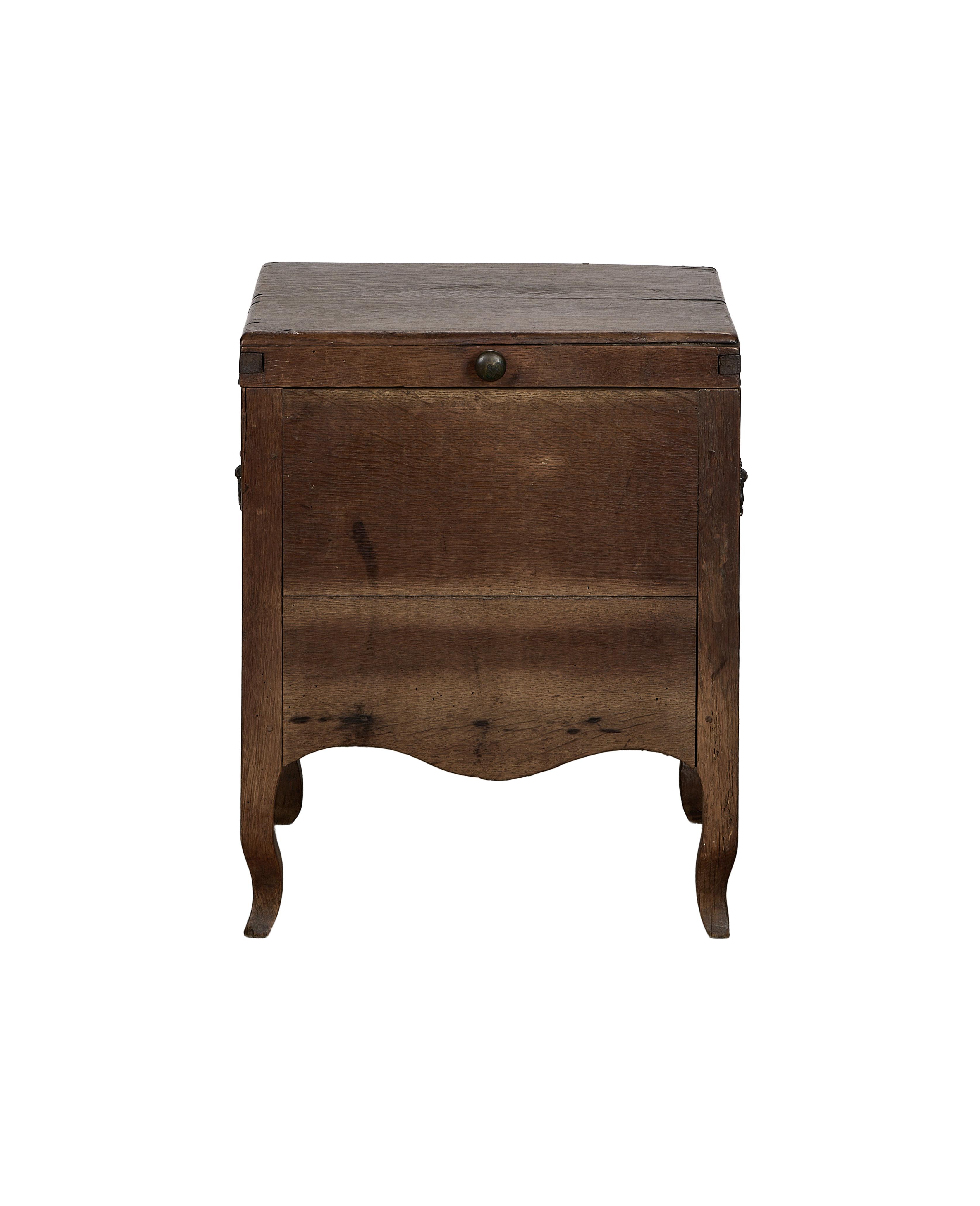 Vintage French oak chest, showing front panel with round knob and curved legs.