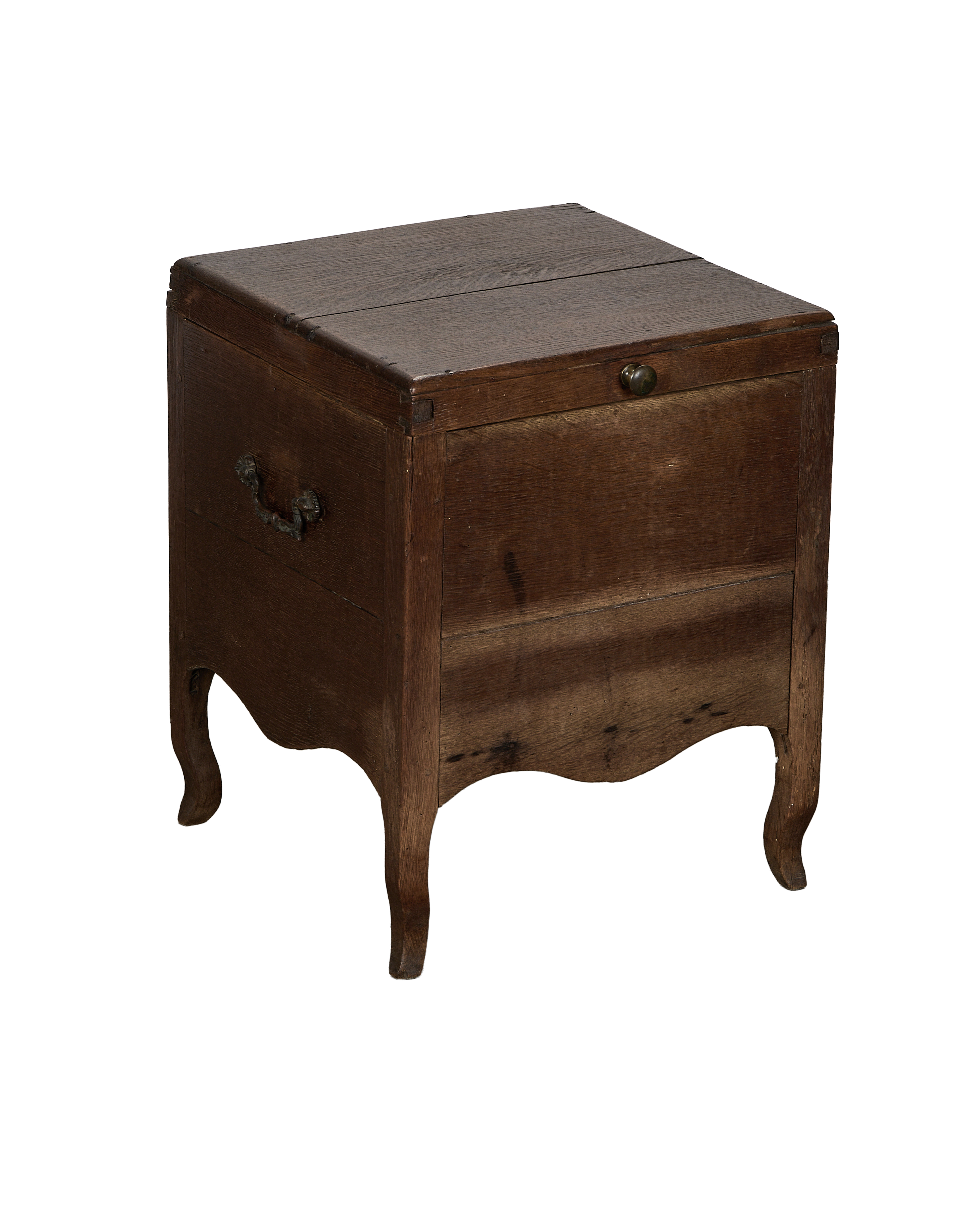 Vintage French oak chest, dark rustic finish, with ornate iron handle and cabriole legs.