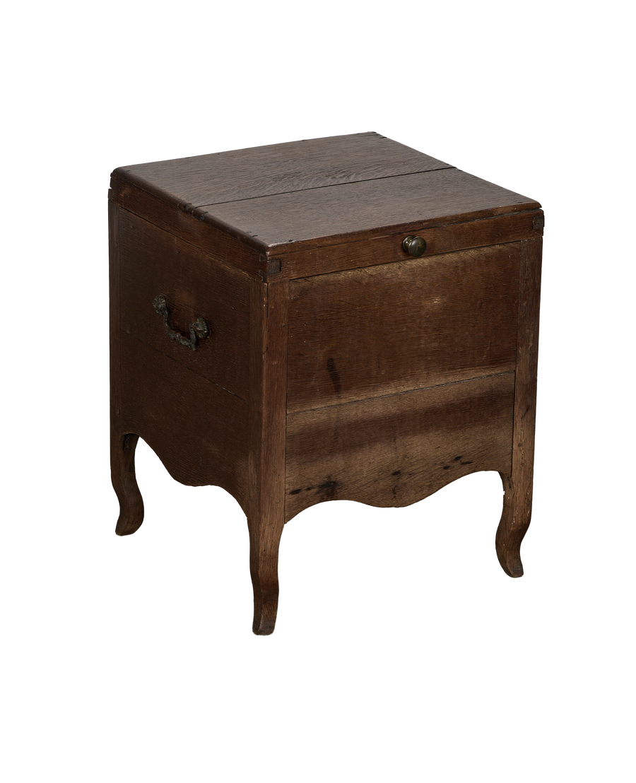 Vintage French oak chest, dark rustic finish, with ornate iron handle and cabriole legs.