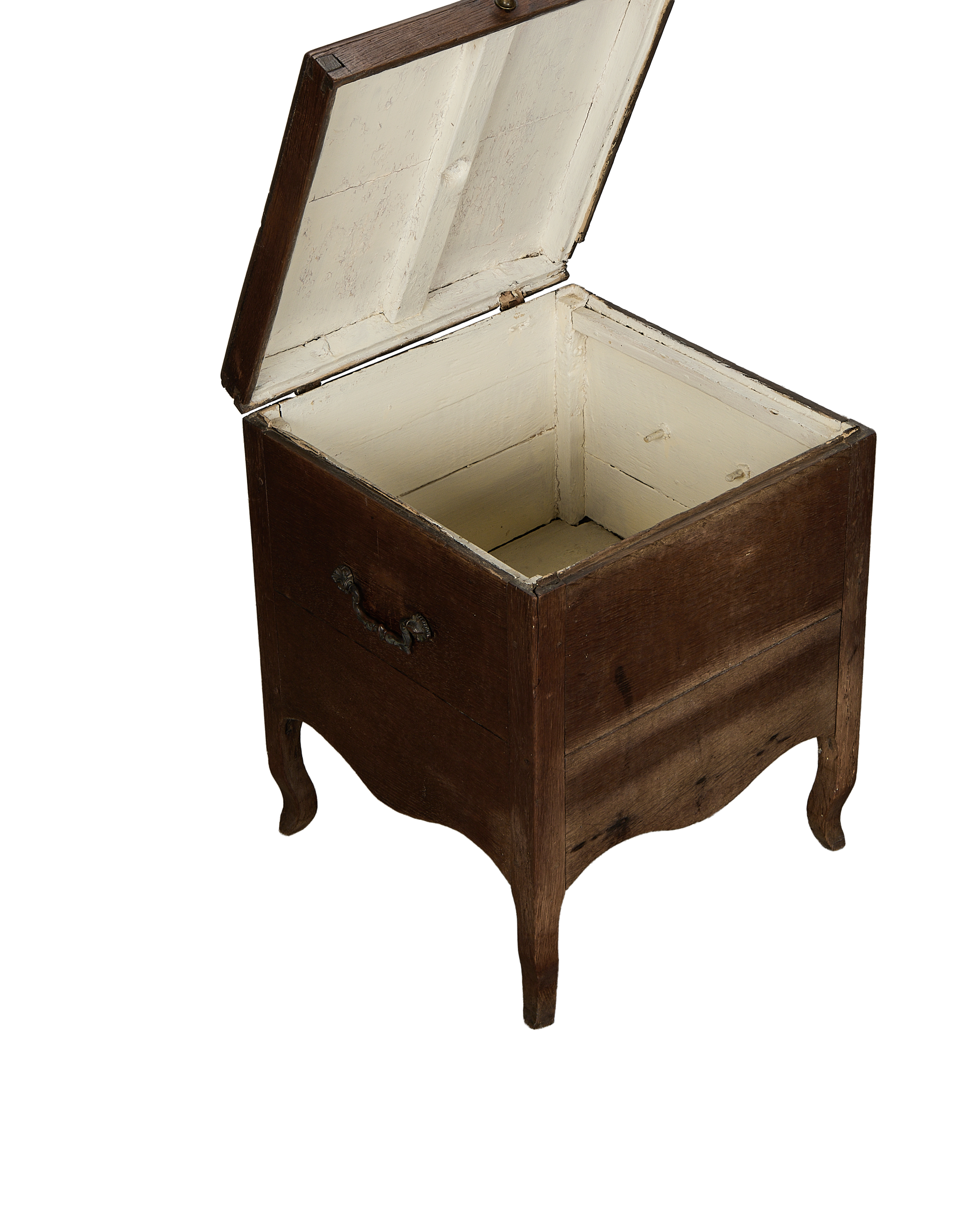Vintage French oak wood chest with lid open, revealing distressed cream painted interior.