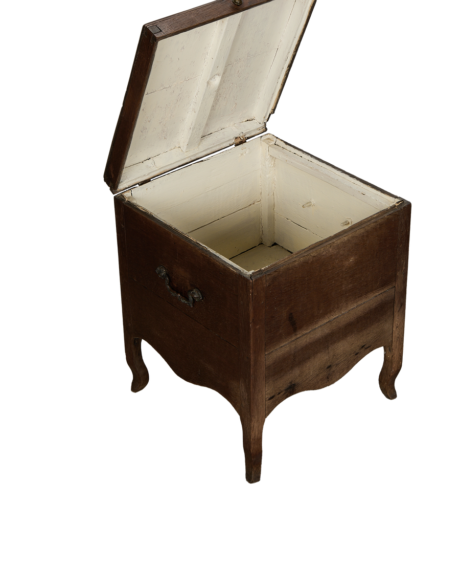Vintage French oak wood chest with lid open, revealing distressed cream painted interior.