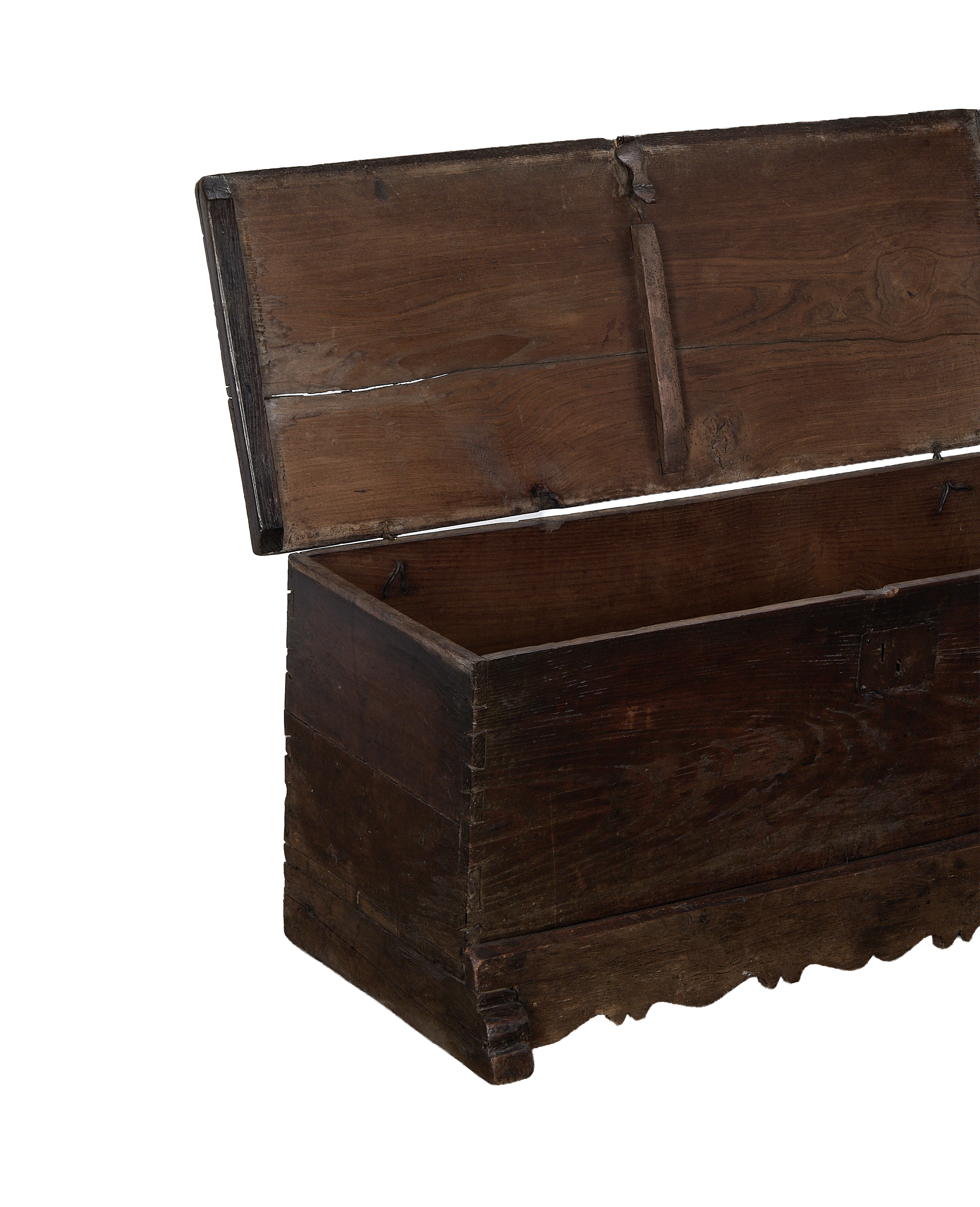 Open vintage French oak chest showing aged interior, sturdy construction, and natural wood grain.