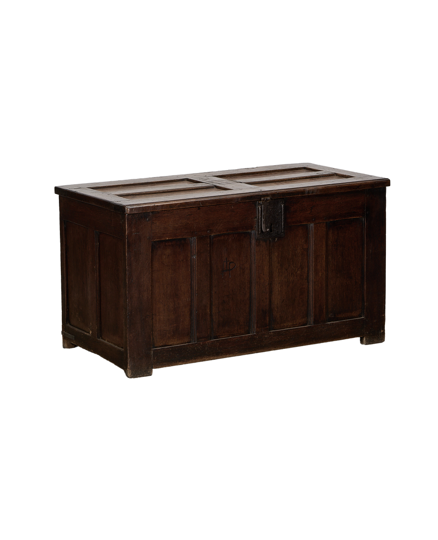 Vintage French oak trunk, front view with detailed paneling and ornate black iron clasp.
