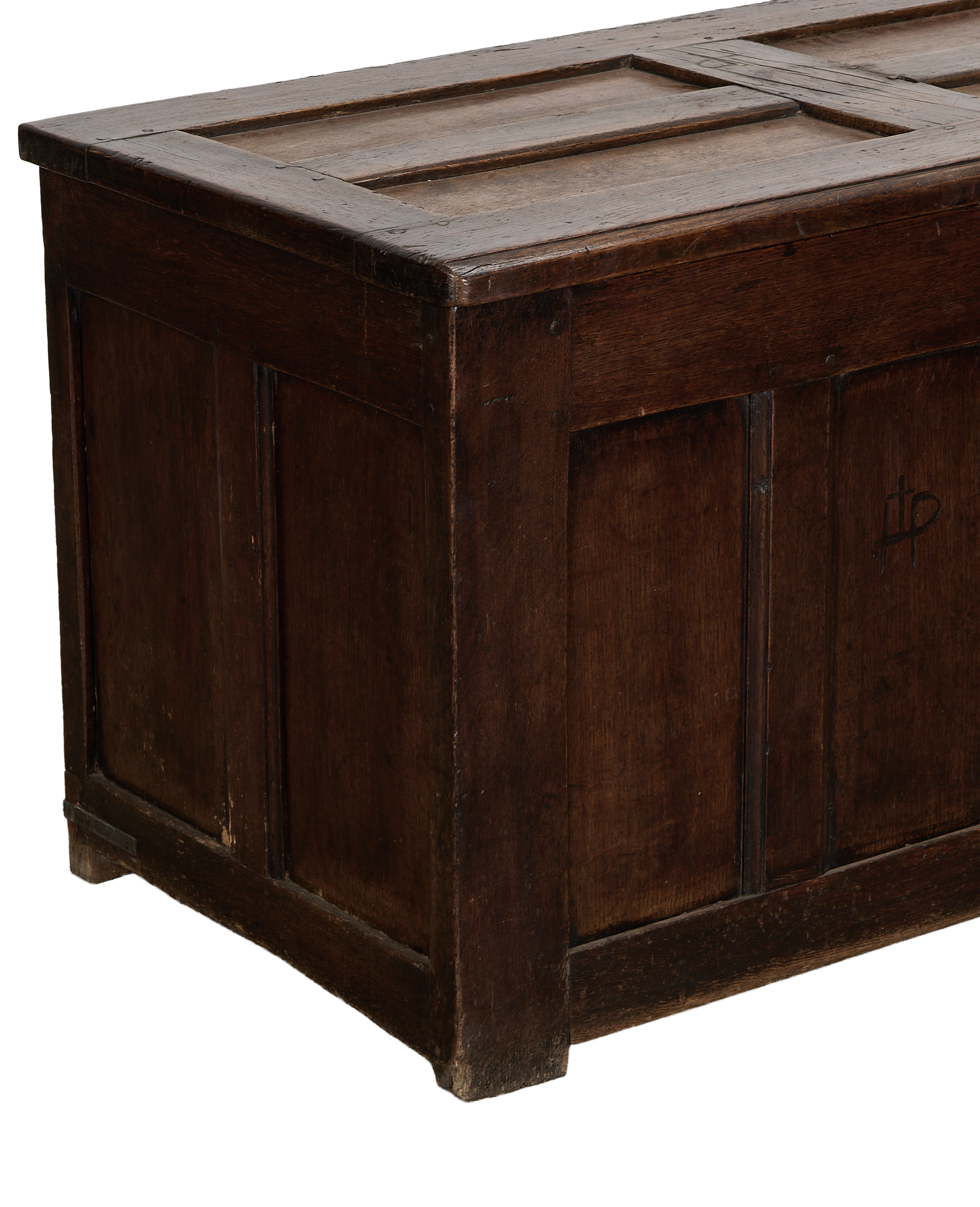 Vintage English oak wood trunk from France, showing distressed dark patina and plank details.